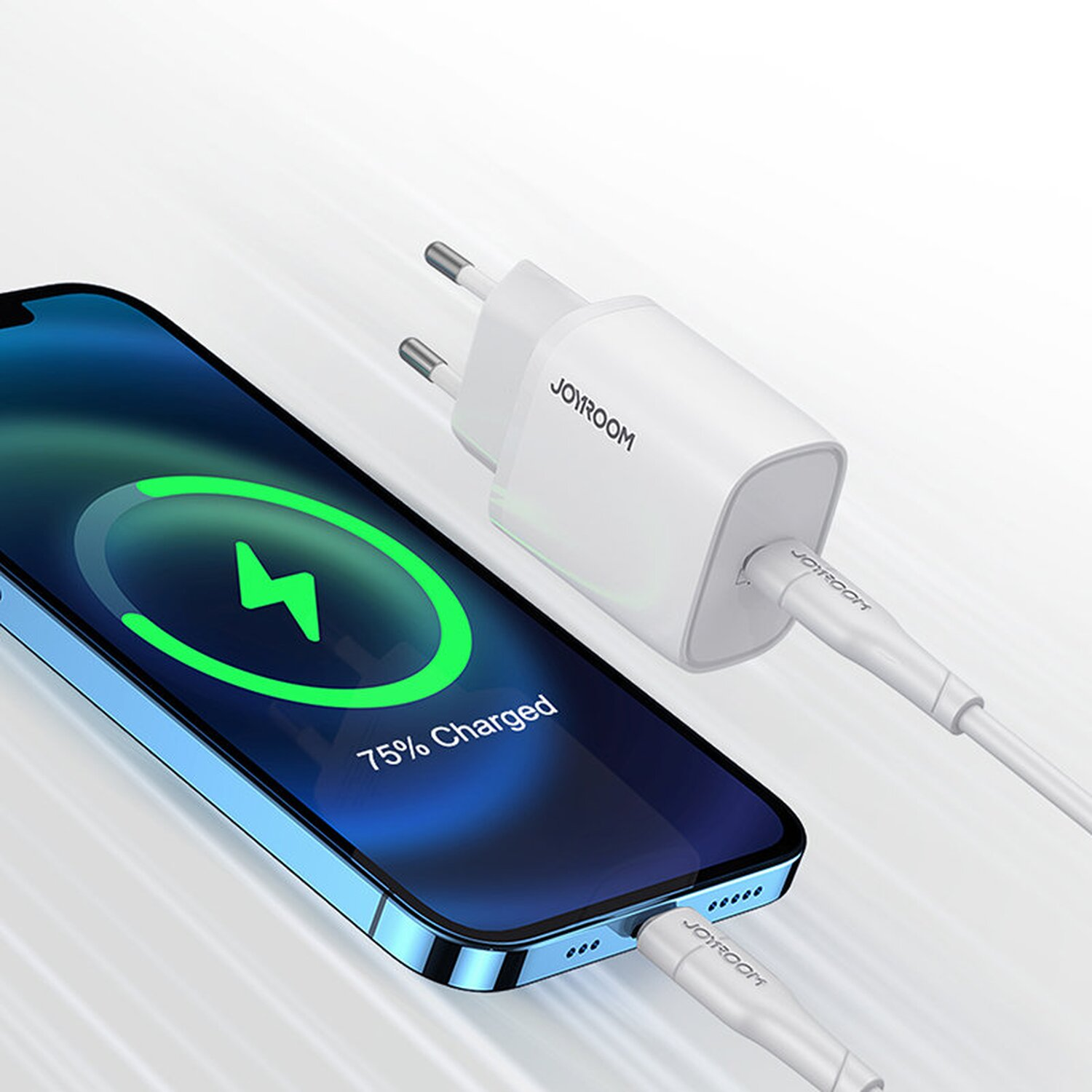 Ein Telefon wird aufgeladen. Ein weißes Ladegerät ist an das Telefon angeschlossen, mit einer 75 % Ladeanzeige.