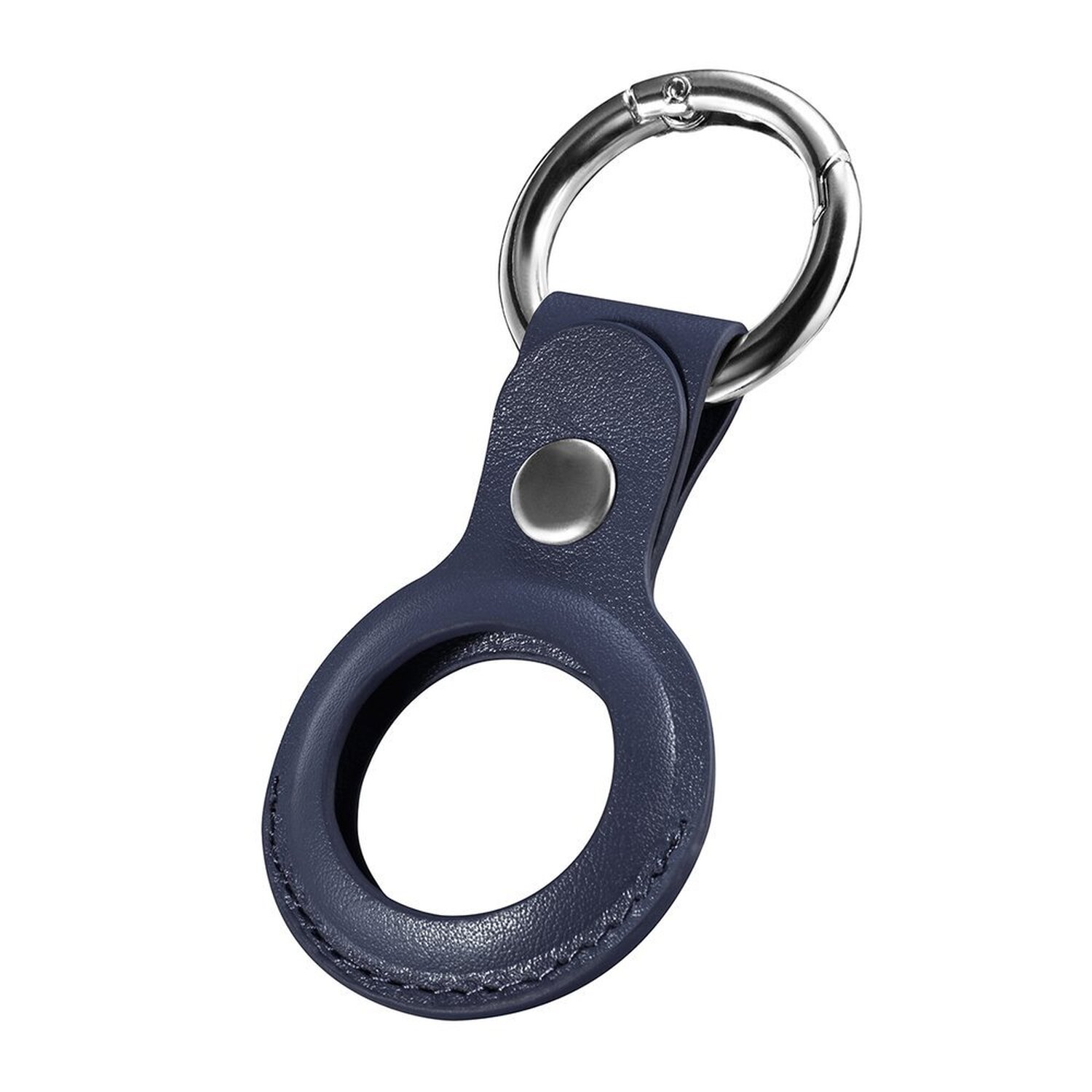 Blauer Leder-AirTag-Halter mit Metallring. Der Halter hat einen genähten Rand.