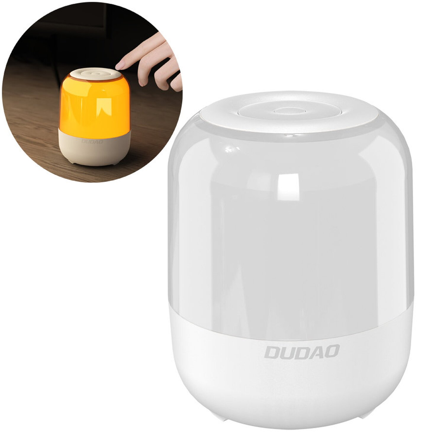 Eine weiße und gelbe Lampe mit einem Berührungssensor. Eine Hand berührt den Sensor.