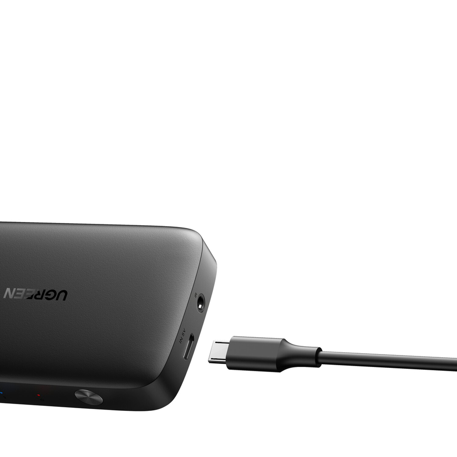 Czarne urządzenie UGREEN z kablem ładującym, na białym tle.