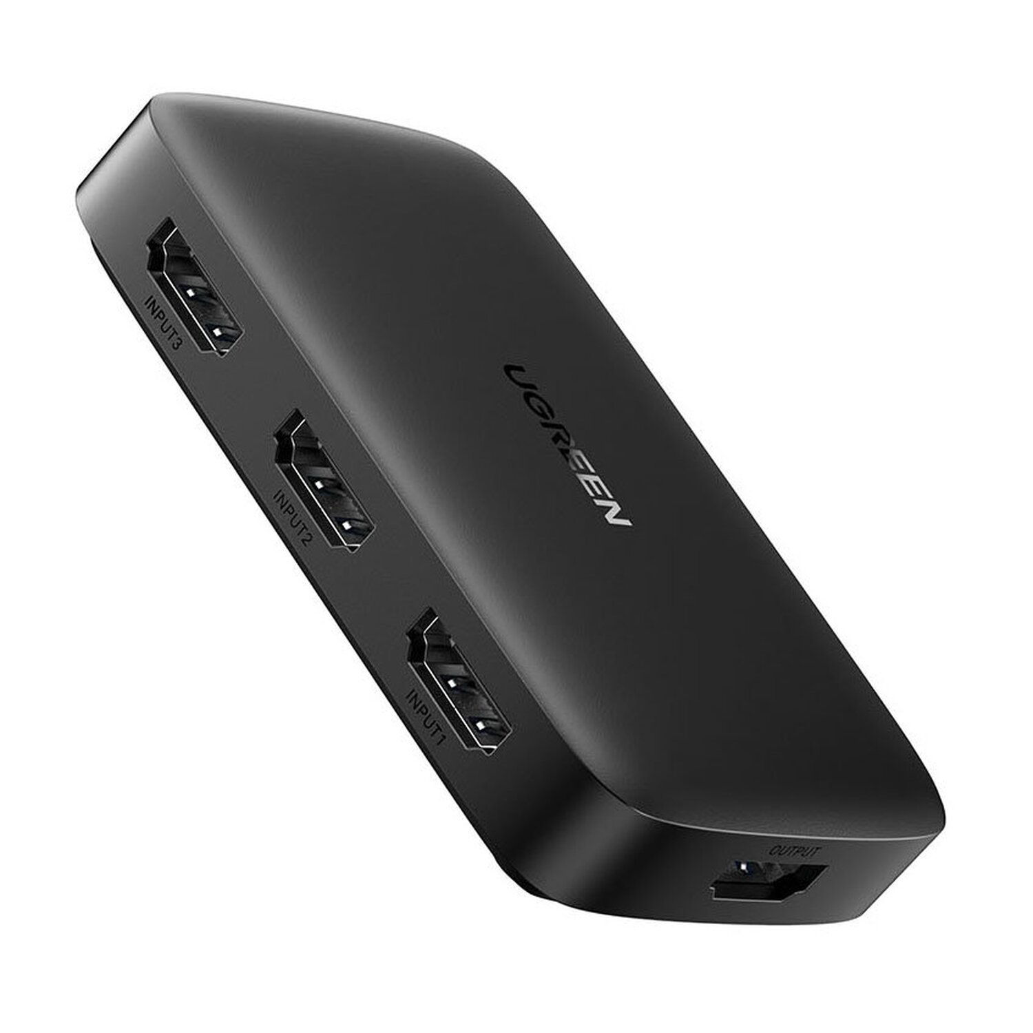 Czarny rozdzielacz HDMI UGREEN z trzema portami wejściowymi i jednym wyjściowym.
