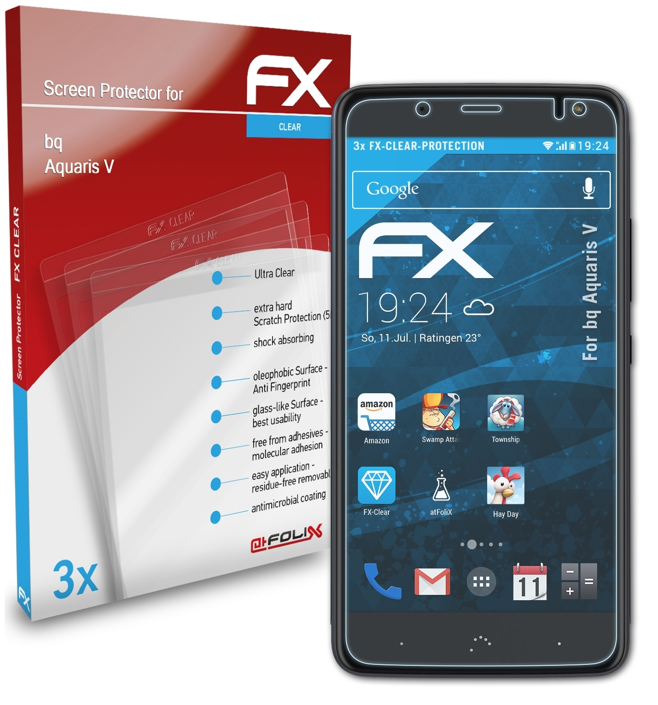 3x V) bq Aquaris FX-Clear ATFOLIX Displayschutz(für