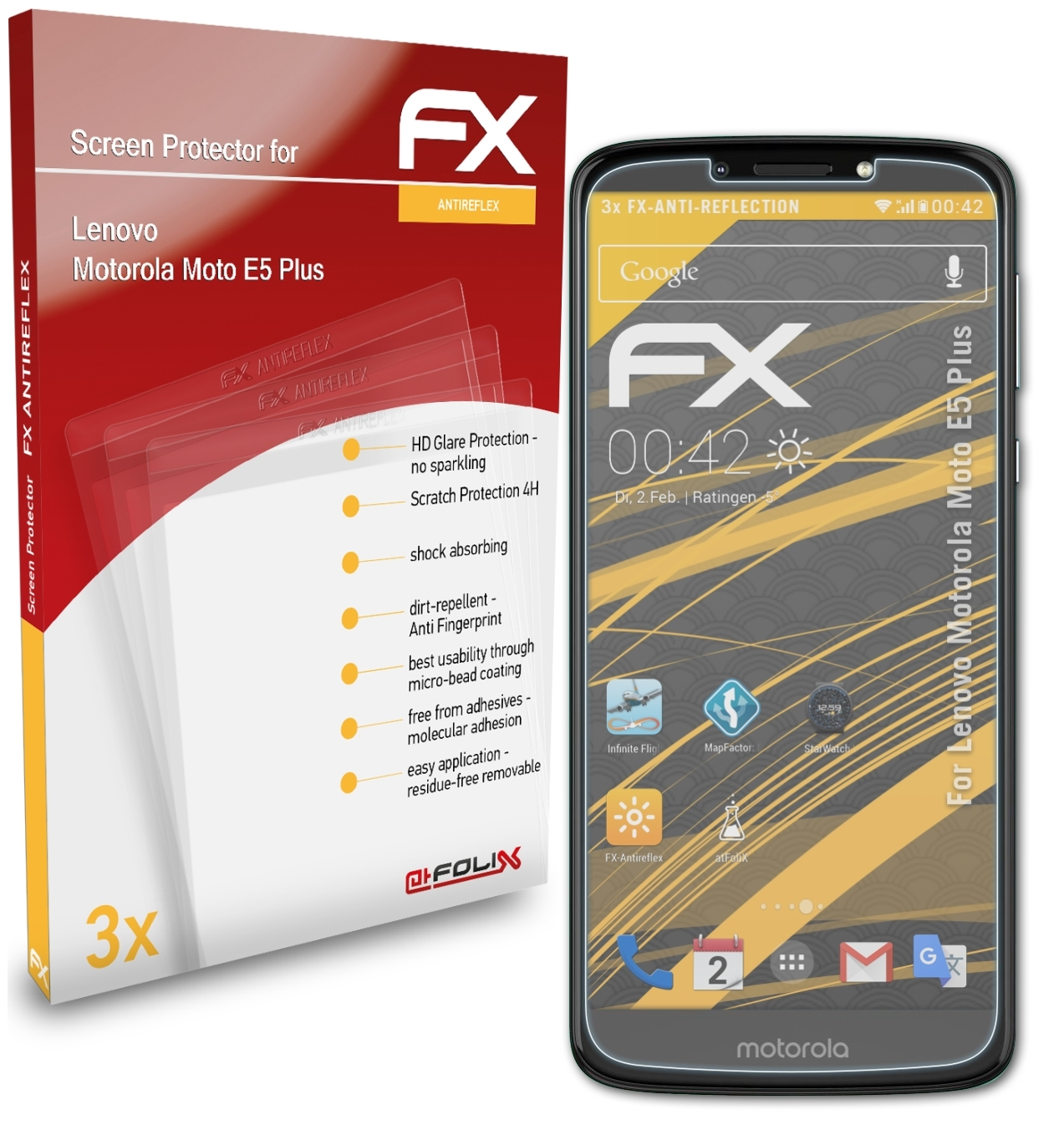 ATFOLIX 3x FX-Antireflex Displayschutz(für Lenovo Motorola E5 Moto Plus)