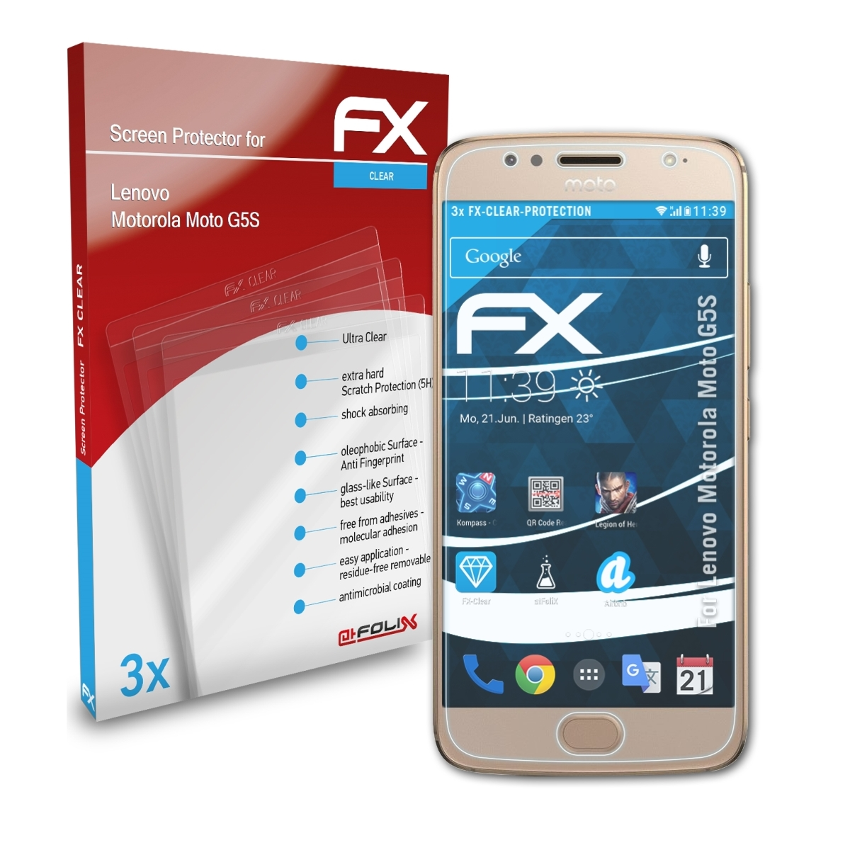 ATFOLIX 3x Motorola Moto FX-Clear G5S) Displayschutz(für Lenovo