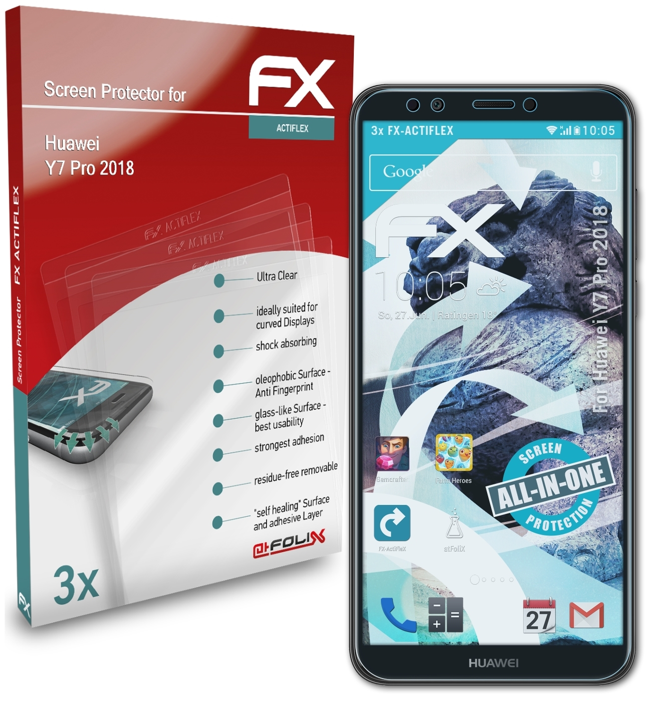 Huawei Y7 Displayschutz(für FX-ActiFleX 2018) ATFOLIX Pro 3x