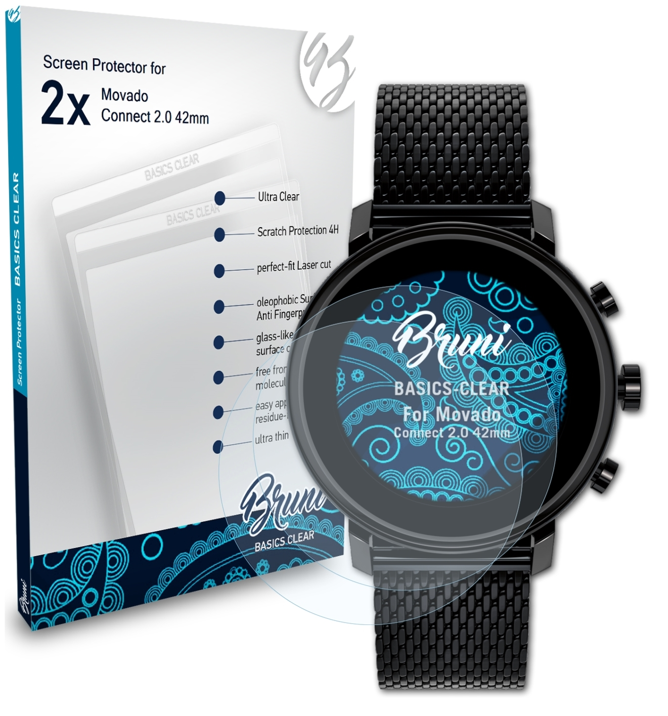 BRUNI 2x Basics-Clear (42mm)) 2.0 Schutzfolie(für Movado Connect