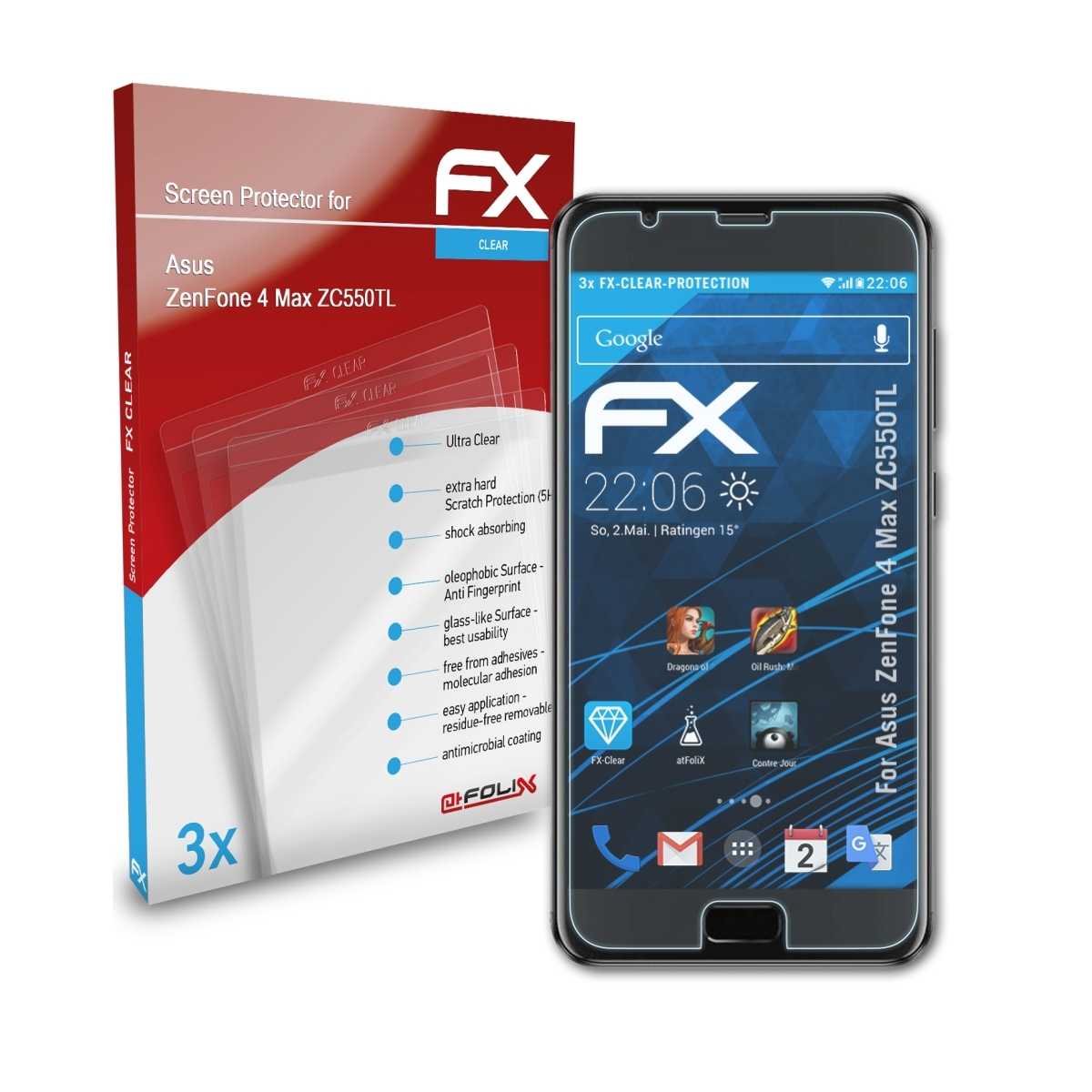 FX-Clear Max Displayschutz(für (ZC550TL)) 3x 4 ZenFone Asus ATFOLIX