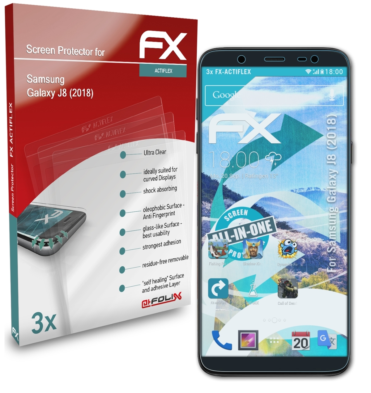 ATFOLIX 3x FX-ActiFleX Displayschutz(für Samsung (2018)) Galaxy J8