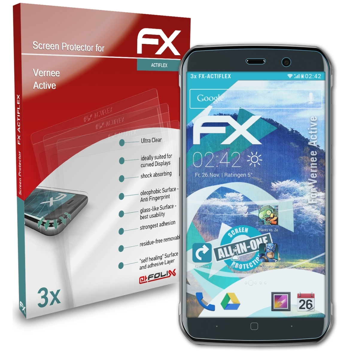 ATFOLIX 3x FX-ActiFleX Displayschutz(für Vernee Active)