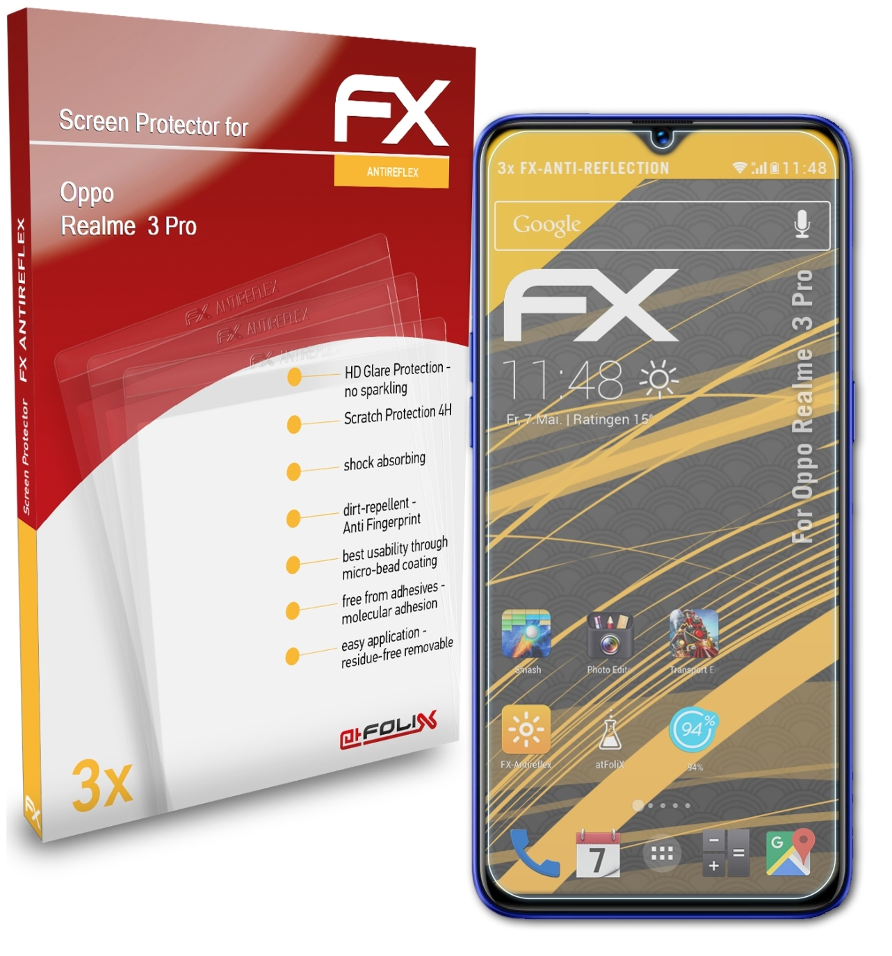 ATFOLIX 3x FX-Antireflex Displayschutz(für Oppo Pro) Realme 3