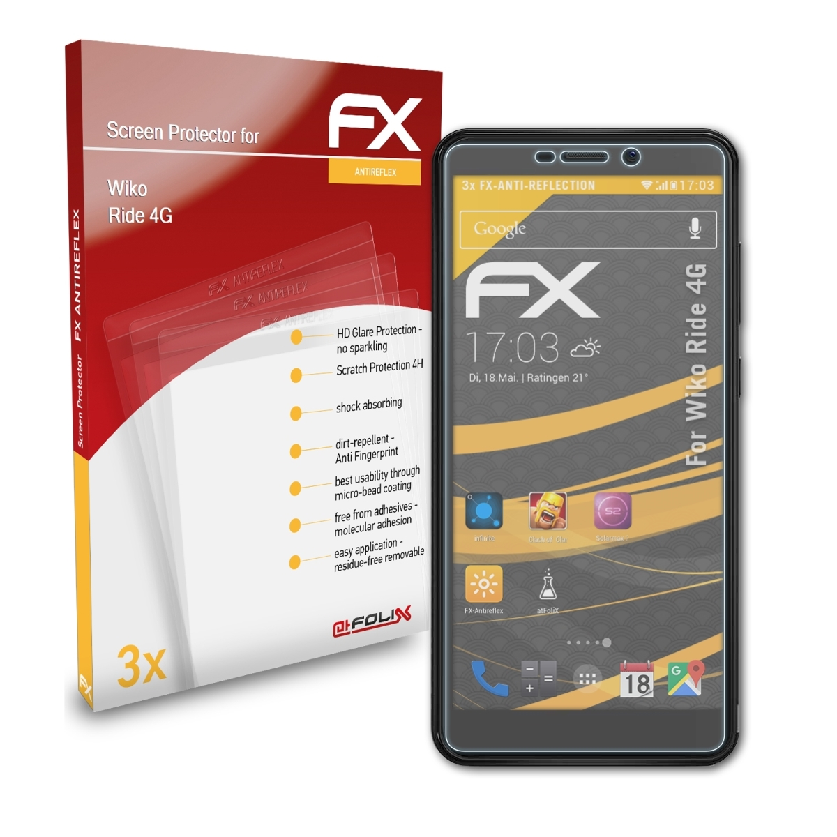 Ride 4G) ATFOLIX Displayschutz(für Wiko 3x FX-Antireflex