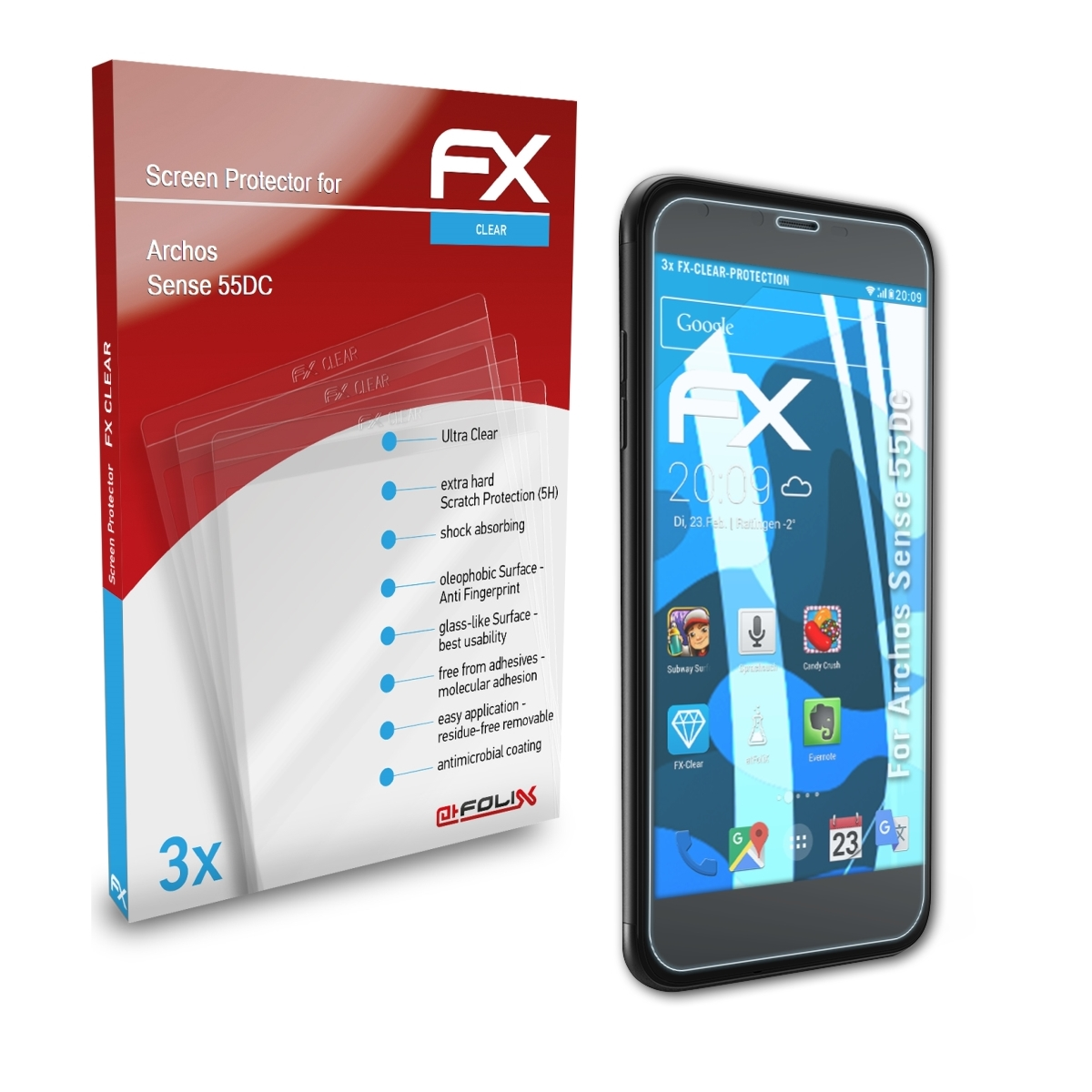 ATFOLIX 3x FX-Clear Archos 55DC) Sense Displayschutz(für