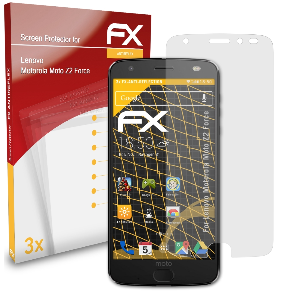 ATFOLIX 3x FX-Antireflex Motorola Displayschutz(für Moto Force) Z2 Lenovo