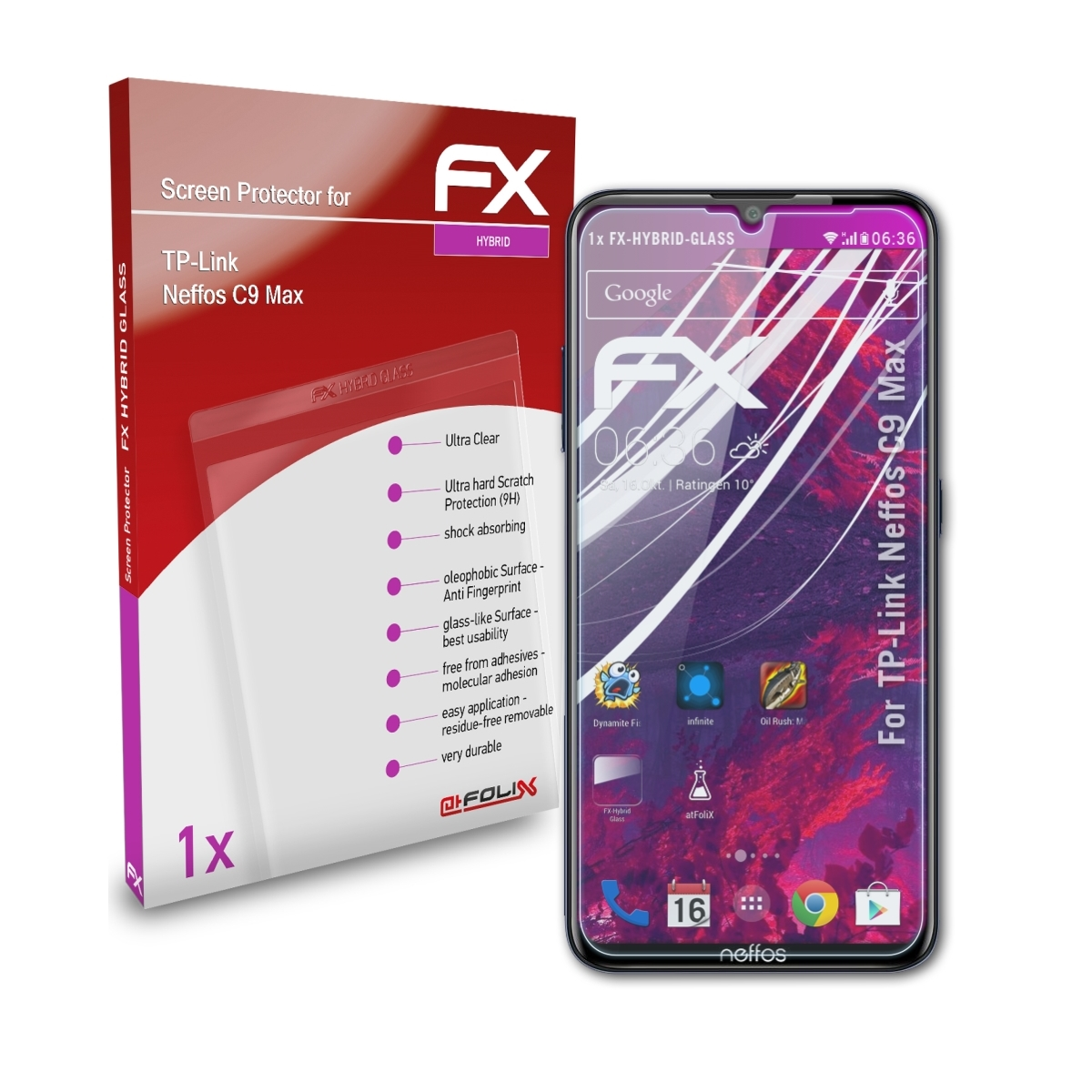 ATFOLIX FX-Hybrid-Glass Max) TP-Link Neffos Schutzglas(für C9