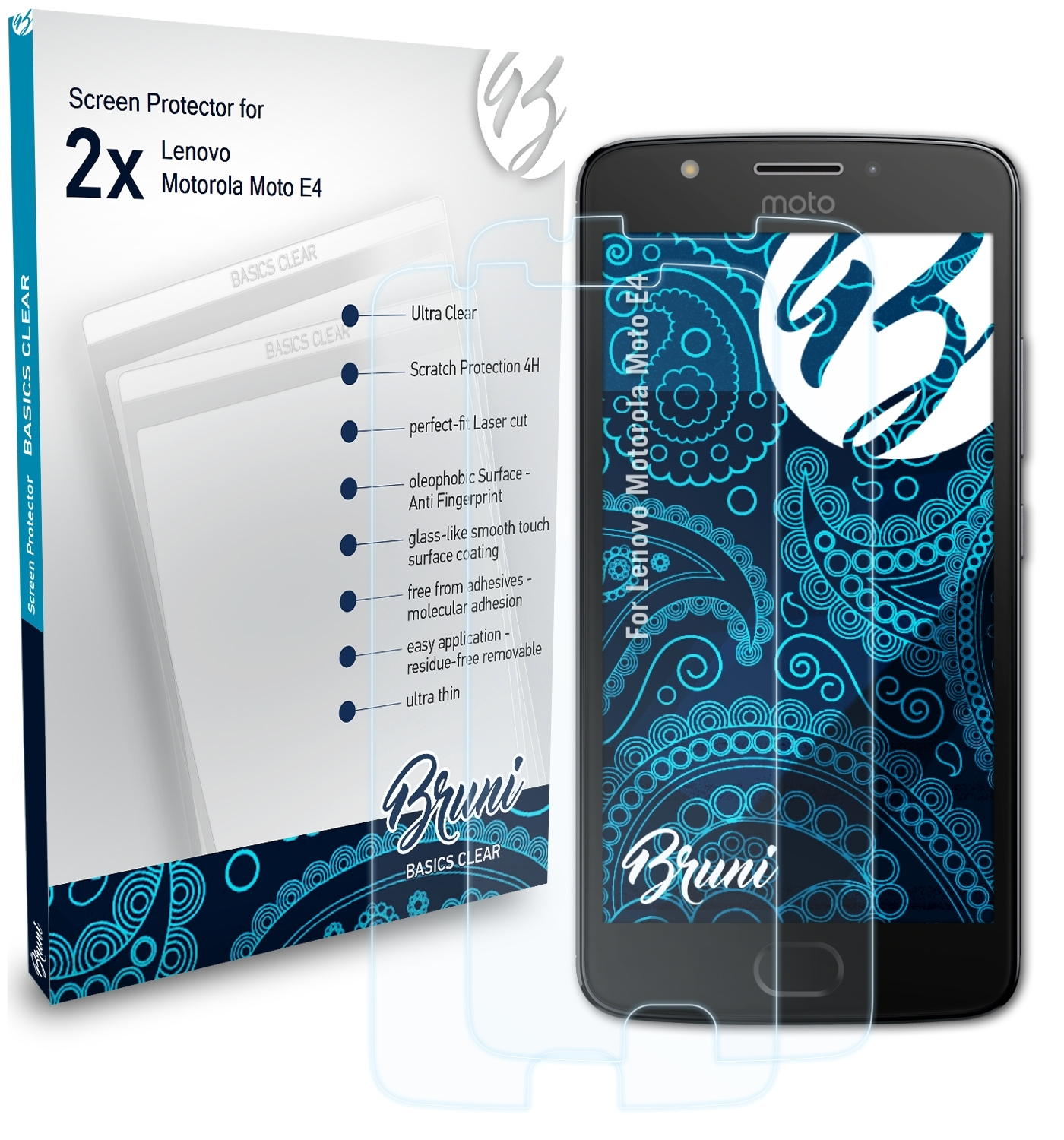 BRUNI 2x Basics-Clear Schutzfolie(für Lenovo Moto Motorola E4)