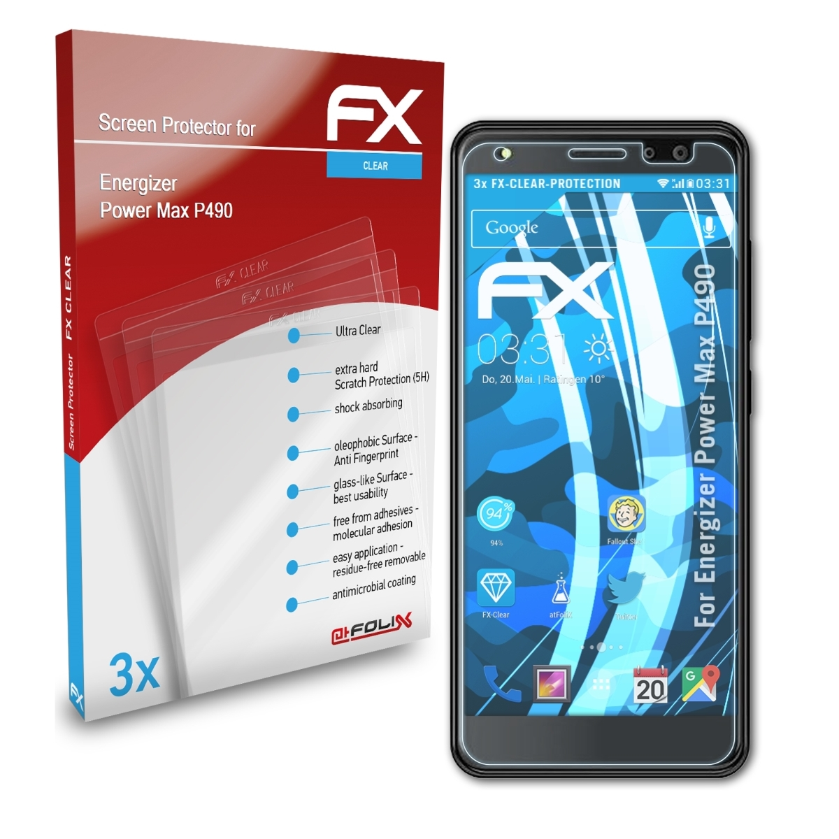 ATFOLIX 3x Power P490) Max Energizer FX-Clear Displayschutz(für