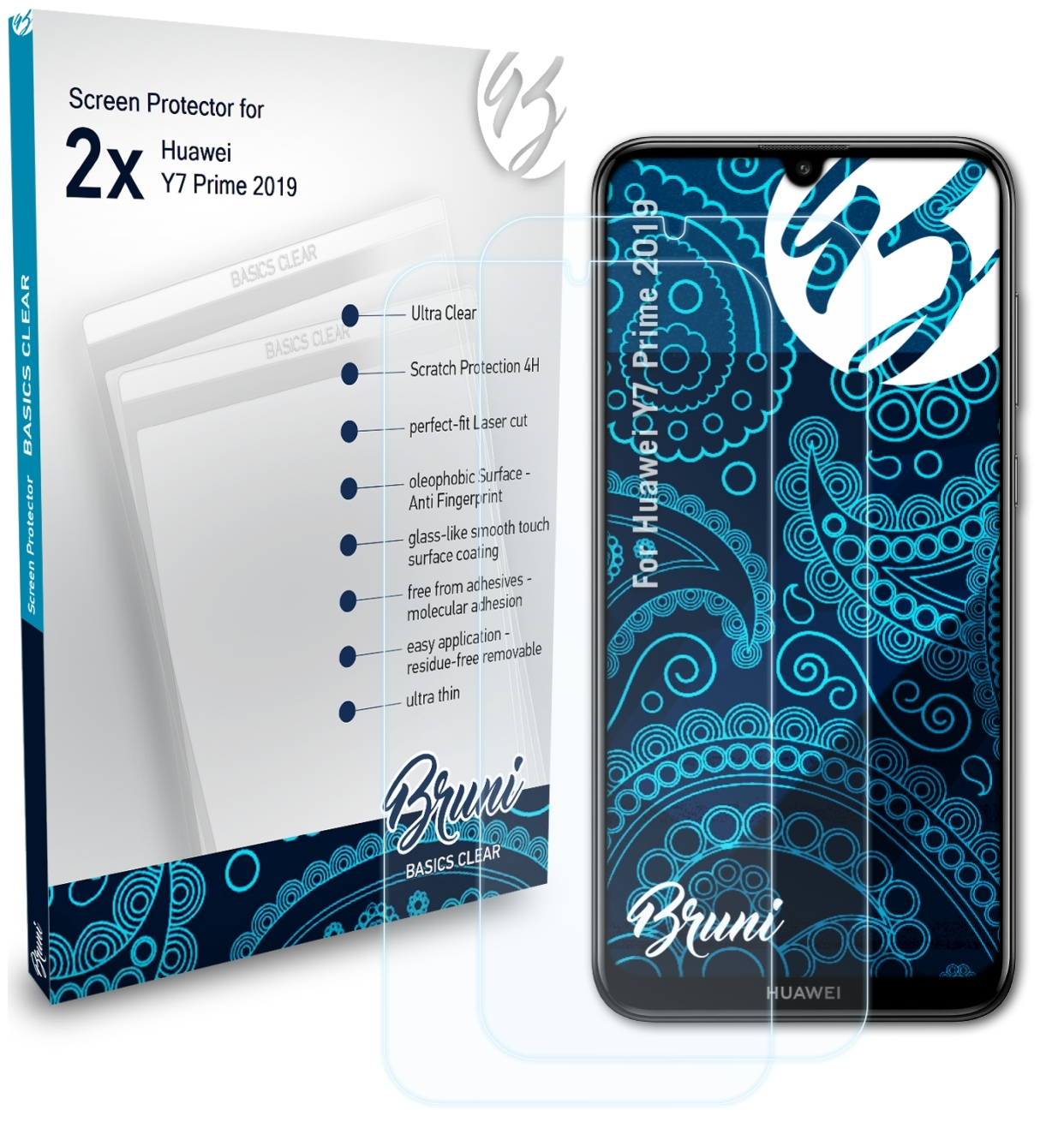 2x 2019) Huawei Y7 Schutzfolie(für BRUNI Prime Basics-Clear