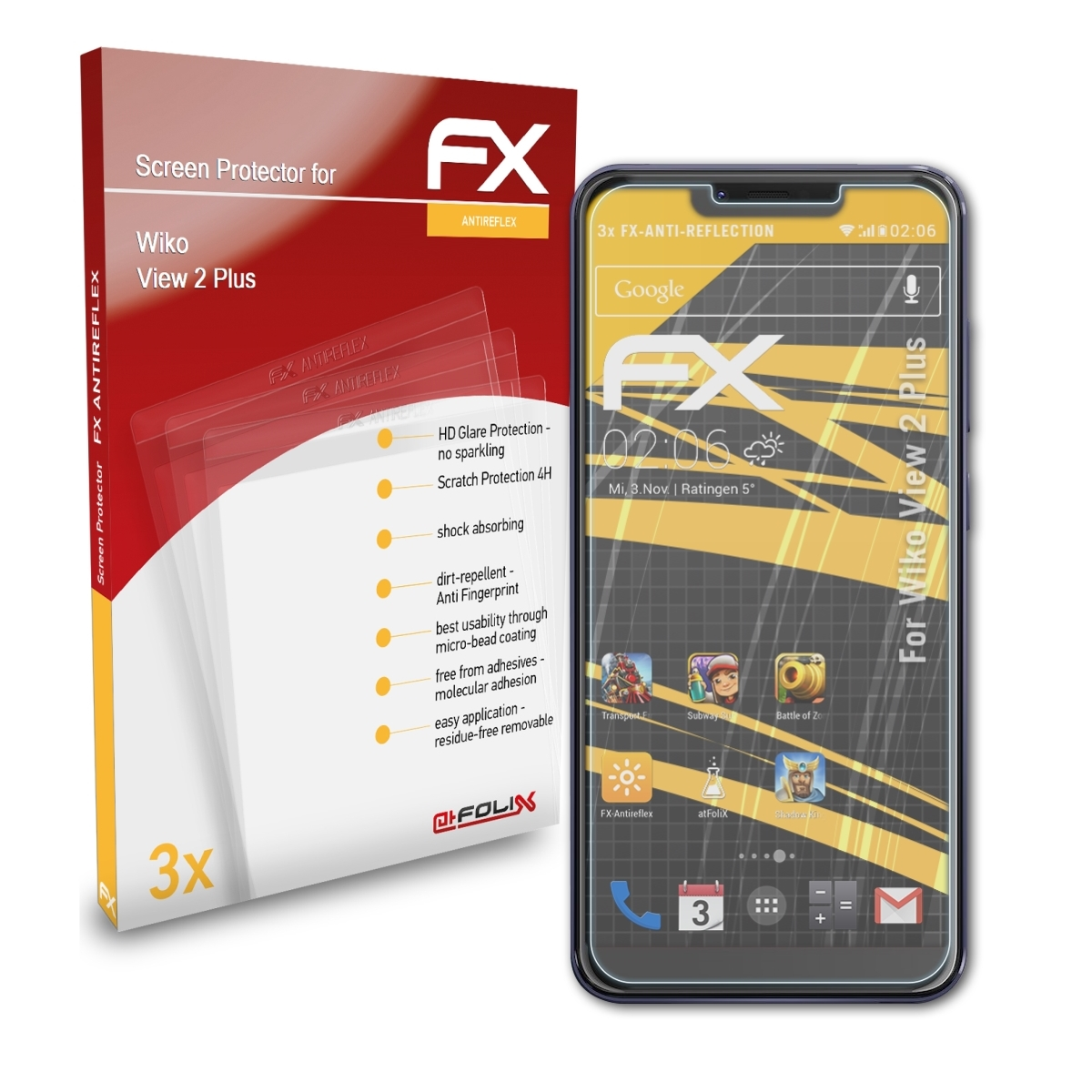 3x Wiko FX-Antireflex ATFOLIX Displayschutz(für Plus) View 2