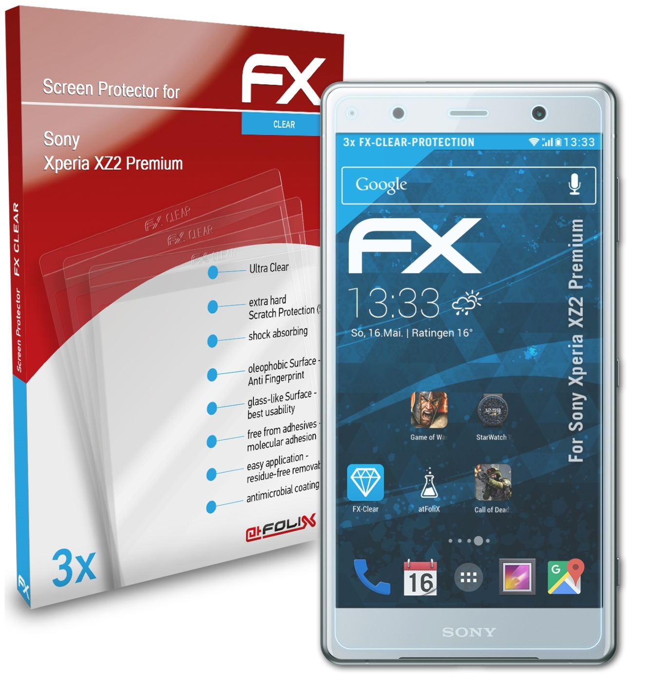 ATFOLIX 3x FX-Clear Premium) Xperia Displayschutz(für XZ2 Sony