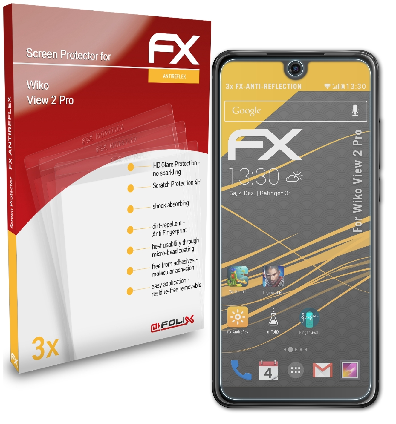 Pro) 3x Displayschutz(für Wiko 2 FX-Antireflex View ATFOLIX