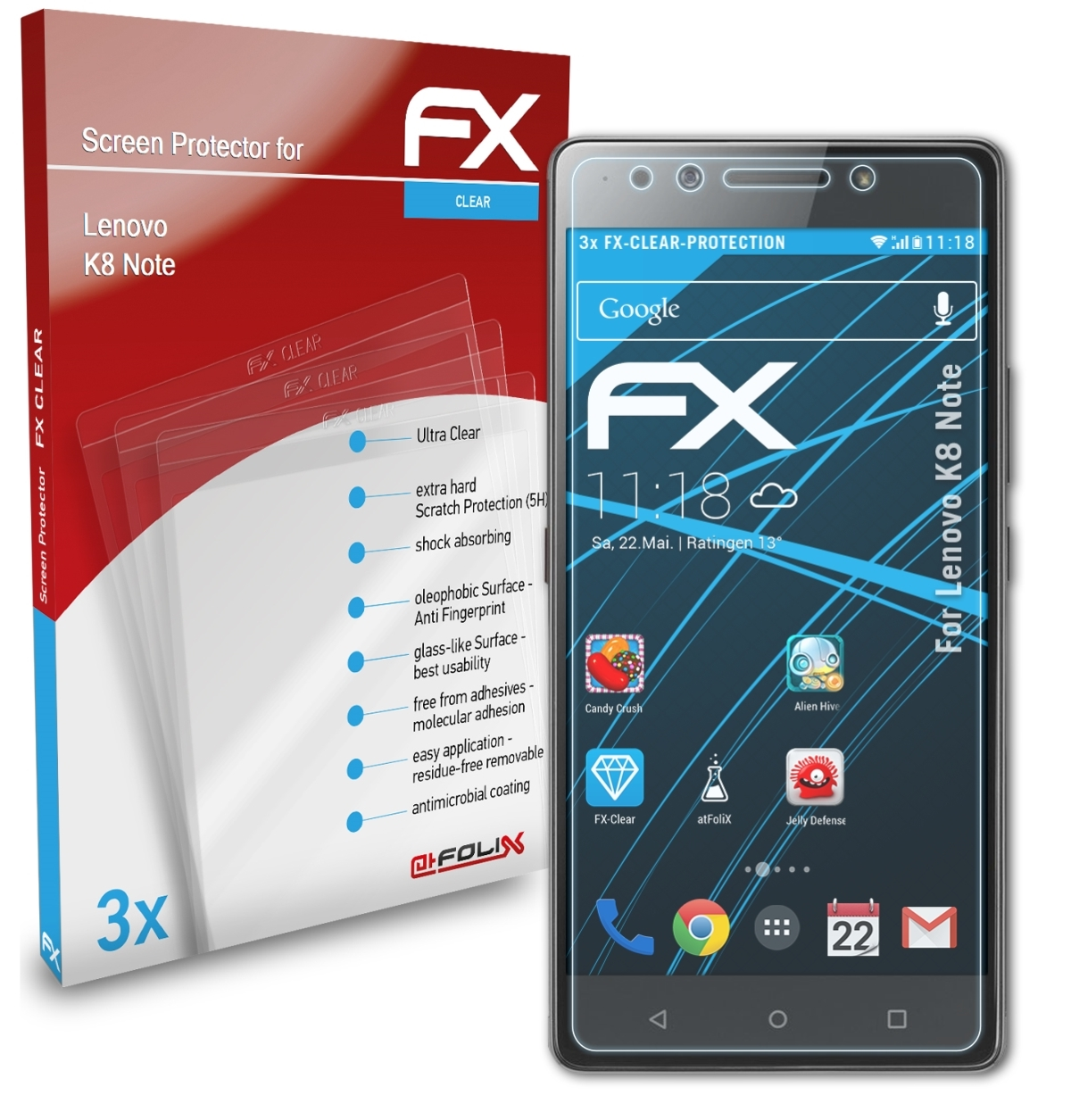 ATFOLIX FX-Clear Lenovo K8 Note) 3x Displayschutz(für