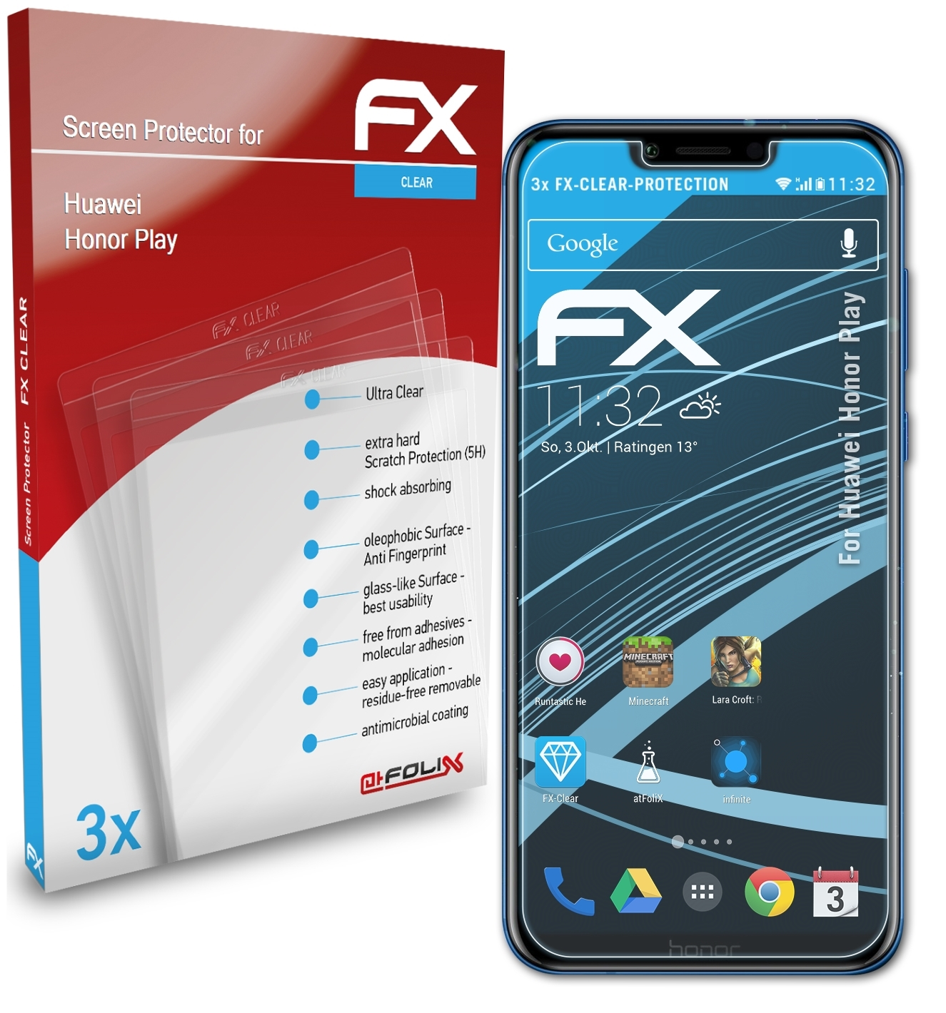 FX-Clear Huawei 3x ATFOLIX Play) Honor Displayschutz(für