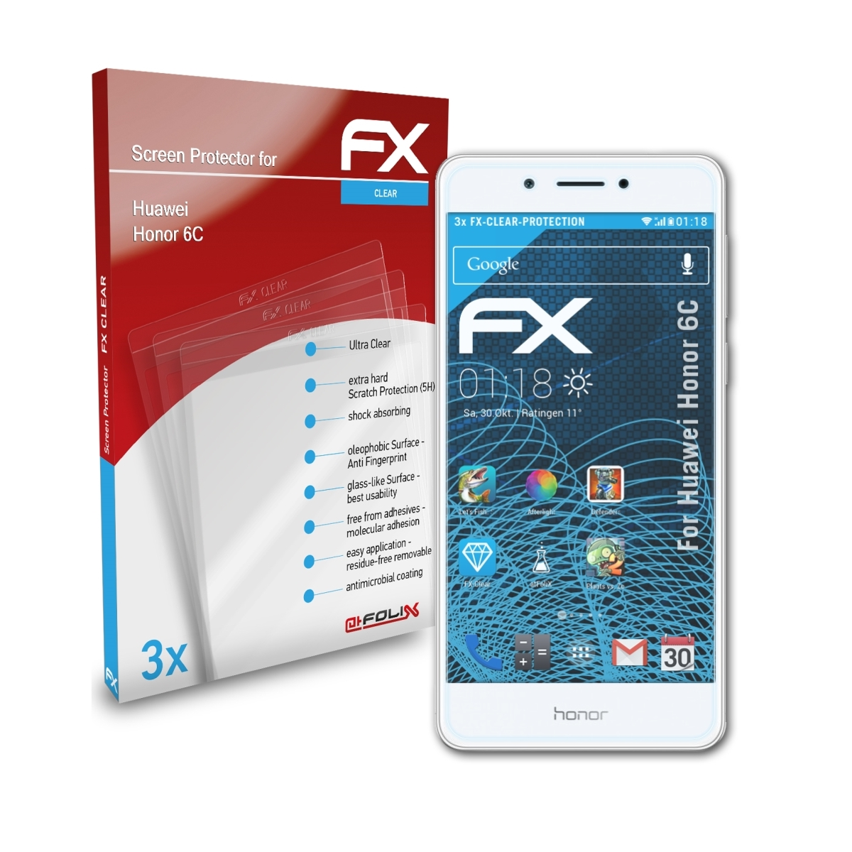 ATFOLIX 3x FX-Clear Displayschutz(für Huawei Honor 6C)