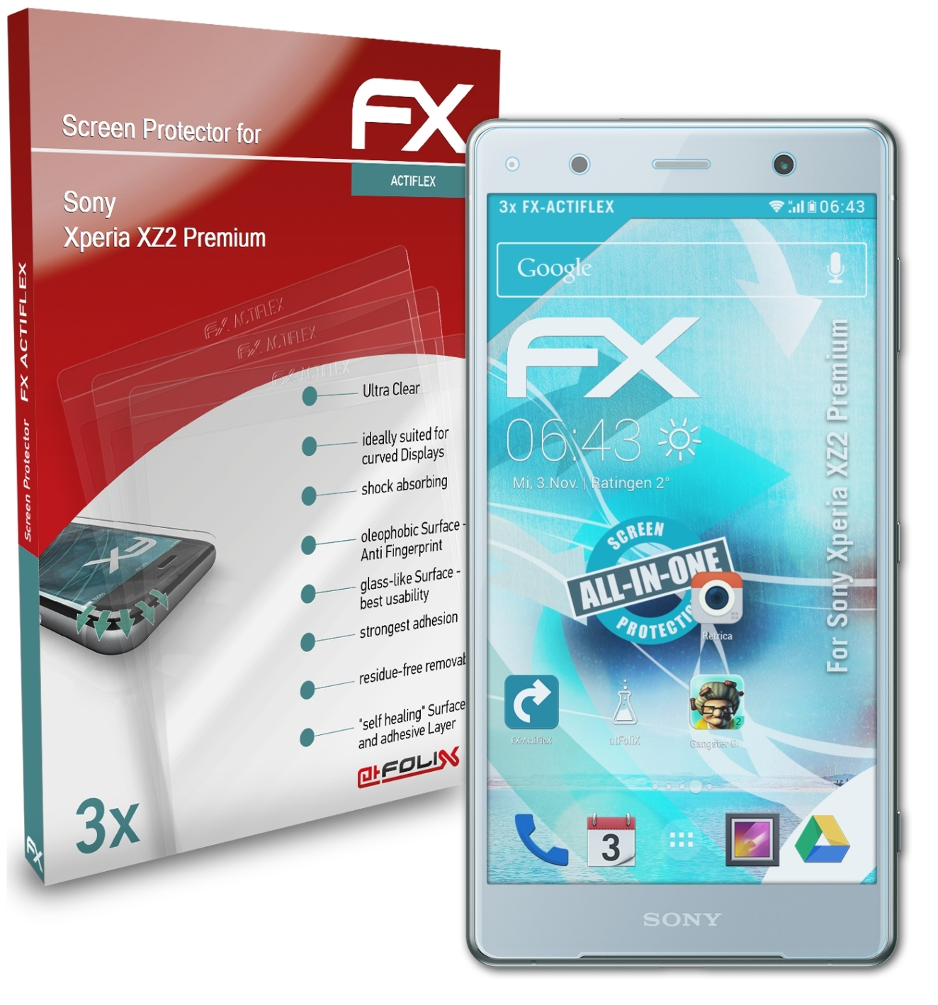 Displayschutz(für 3x Xperia ATFOLIX FX-ActiFleX Premium) Sony XZ2