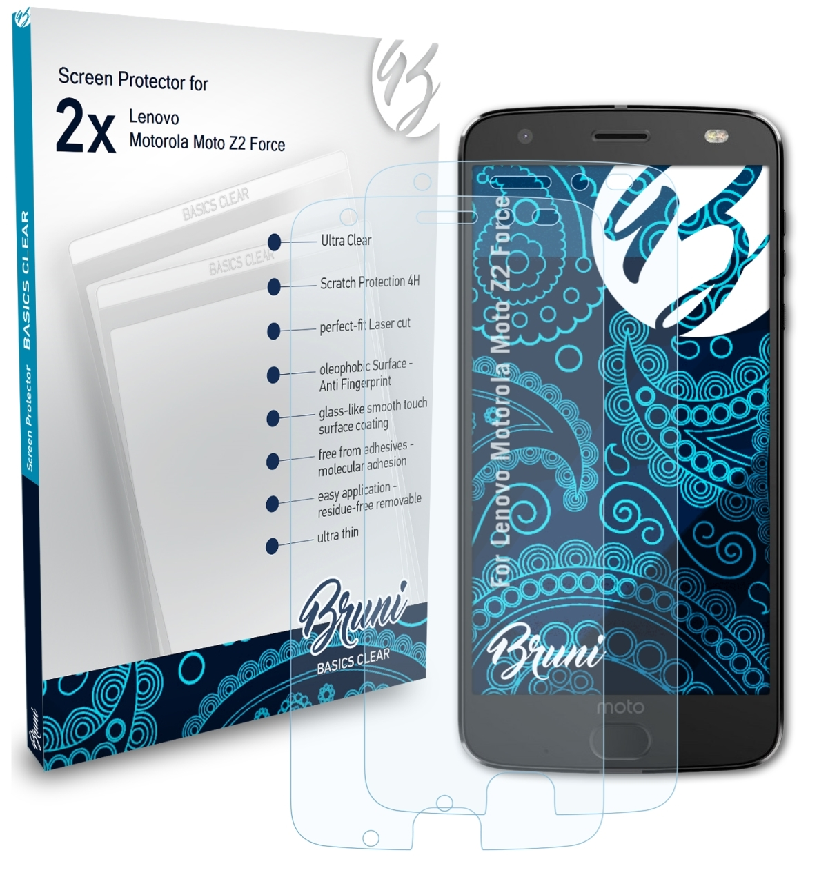 BRUNI 2x Basics-Clear Schutzfolie(für Lenovo Moto Force) Z2 Motorola