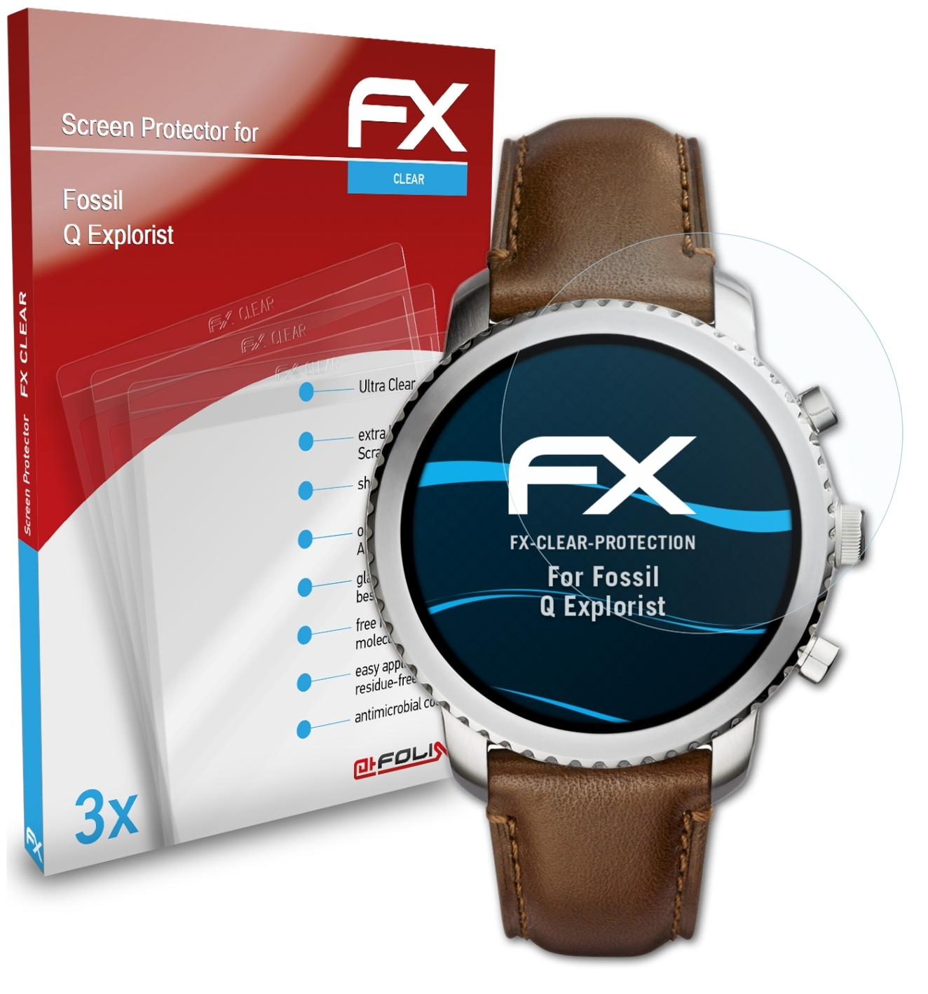 3x Fossil Q Explorist) FX-Clear ATFOLIX Displayschutz(für