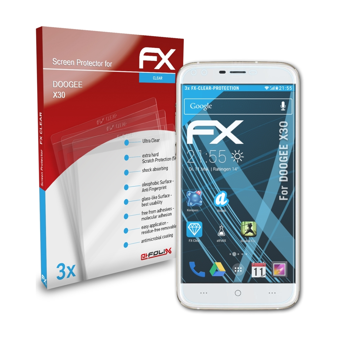 3x FX-Clear ATFOLIX X30) Doogee Displayschutz(für