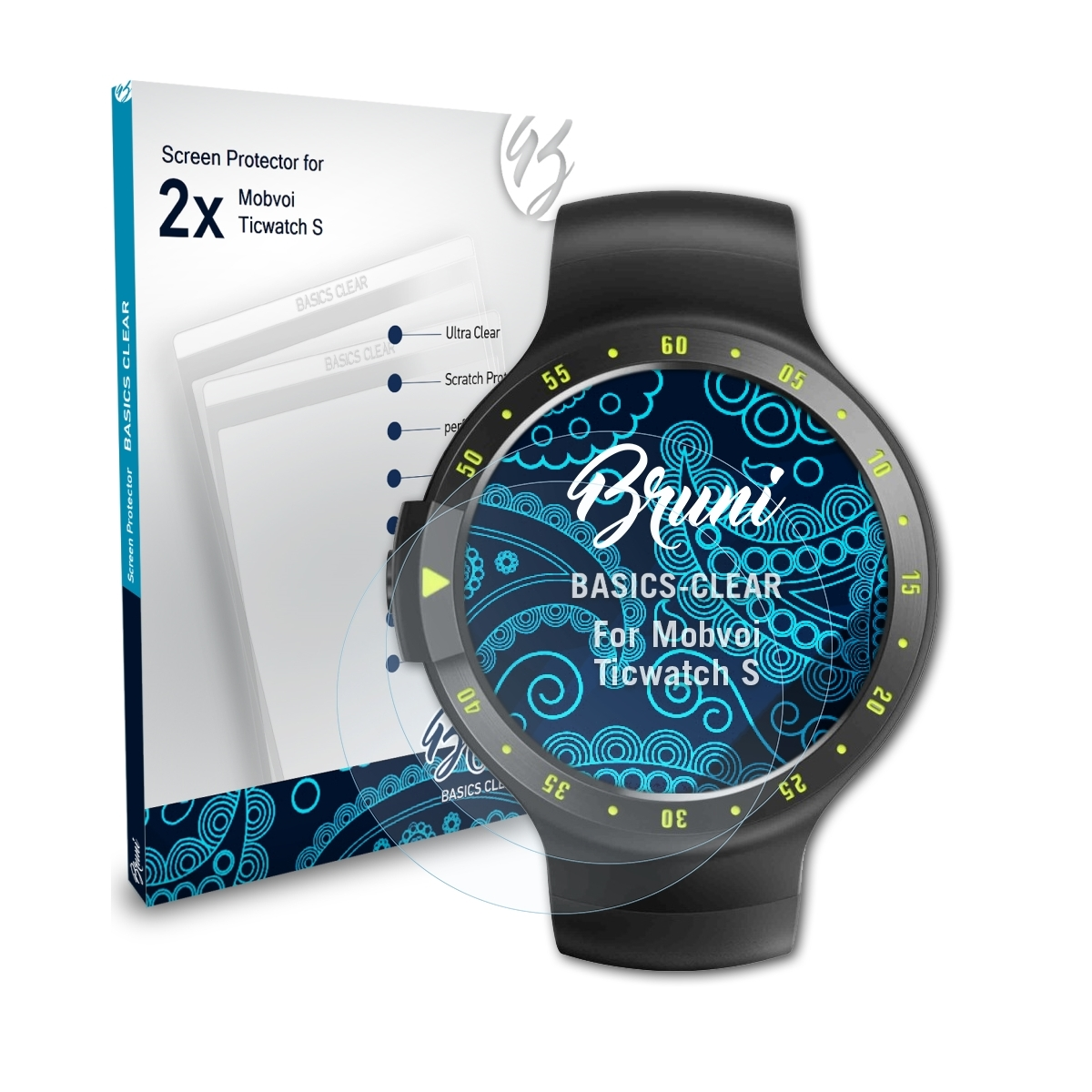 BRUNI 2x Mobvoi Schutzfolie(für Basics-Clear S) Ticwatch