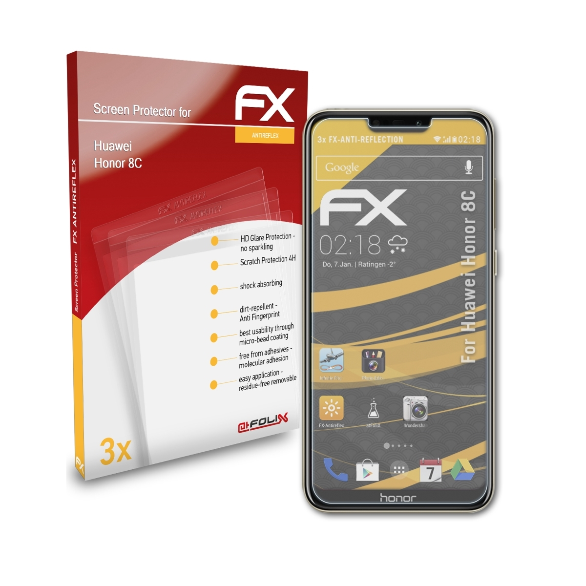 ATFOLIX 3x FX-Antireflex Displayschutz(für Huawei 8C) Honor