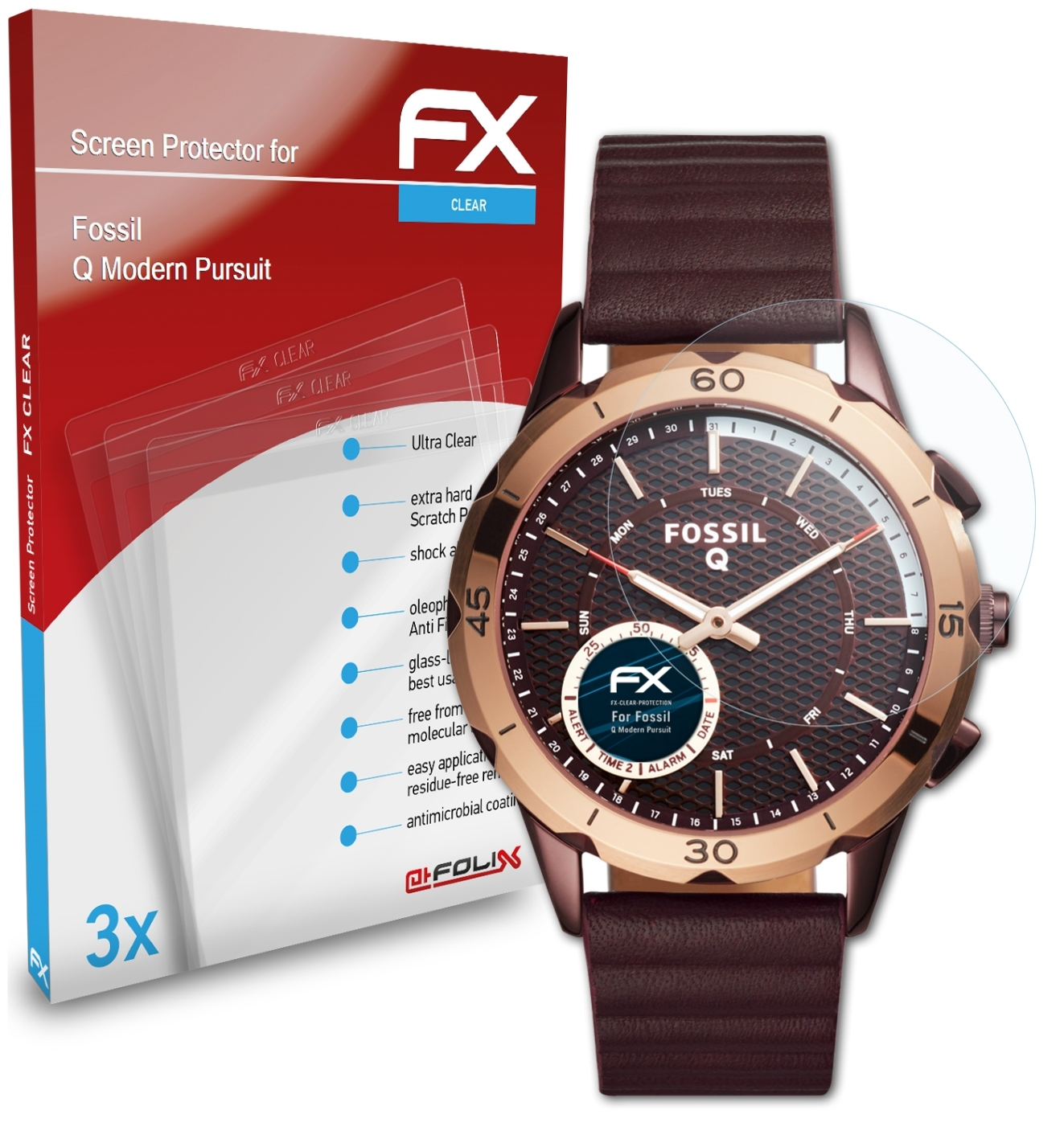 ATFOLIX Q Modern FX-Clear Pursuit) 3x Displayschutz(für Fossil