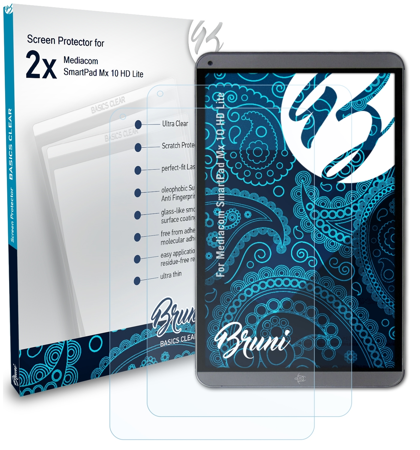 BRUNI 2x Basics-Clear 10 Lite) SmartPad Mediacom HD Schutzfolie(für Mx