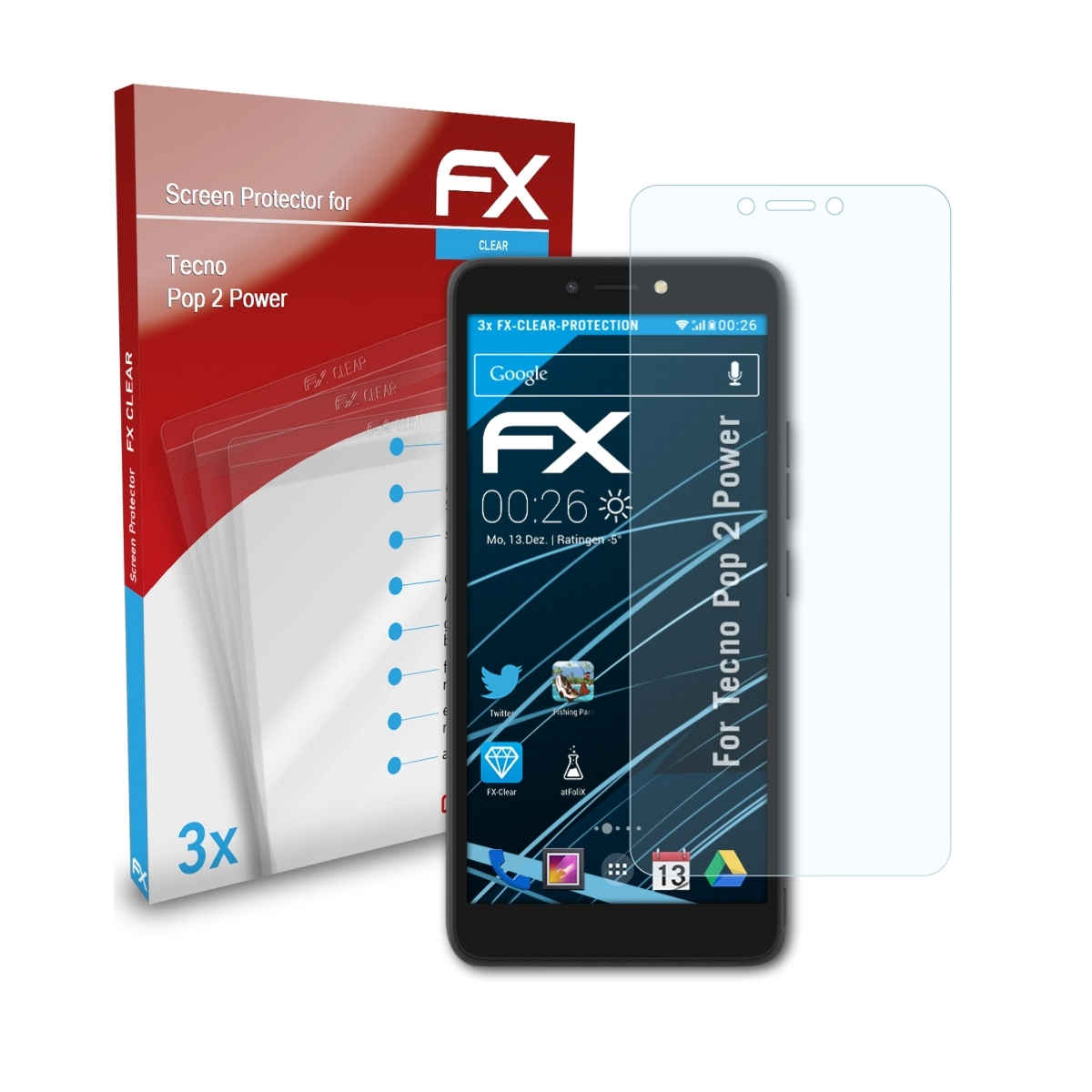 3x Displayschutz(für Power) ATFOLIX 2 Tecno FX-Clear Pop