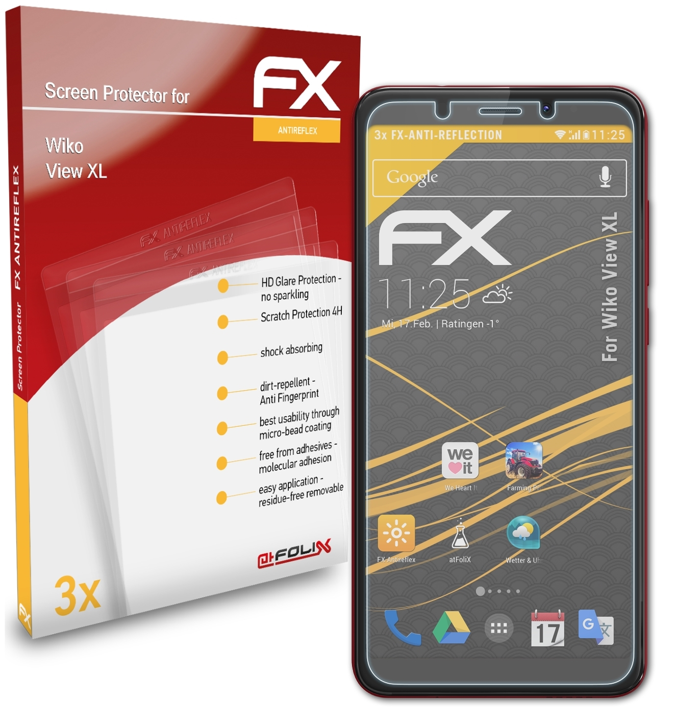 ATFOLIX XL) 3x Displayschutz(für View Wiko FX-Antireflex