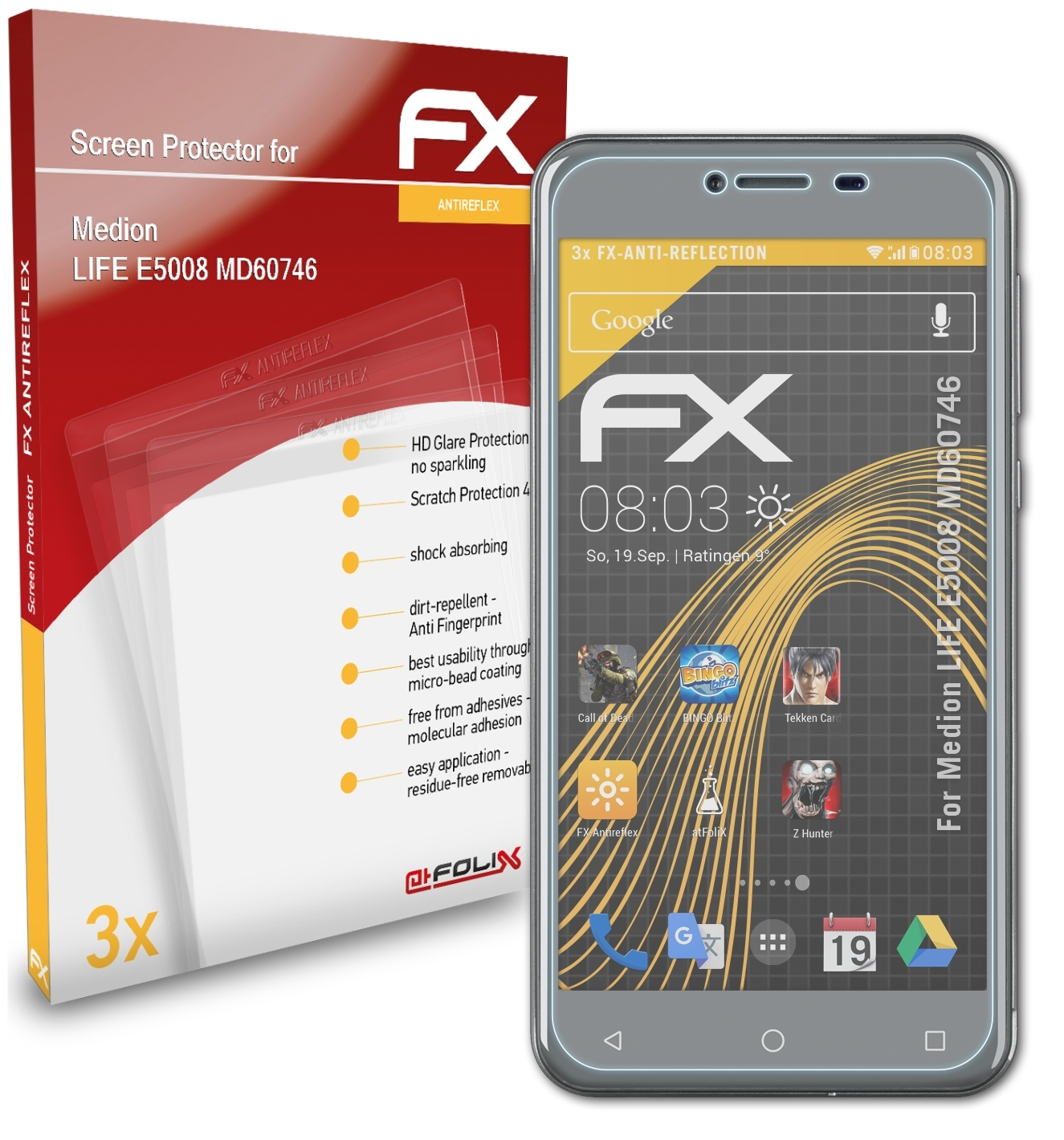 ATFOLIX 3x FX-Antireflex Displayschutz(für Medion (MD60746)) E5008 LIFE