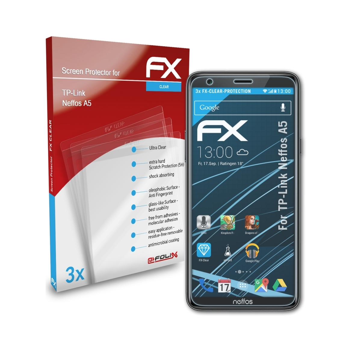 ATFOLIX 3x Neffos Displayschutz(für TP-Link FX-Clear A5)
