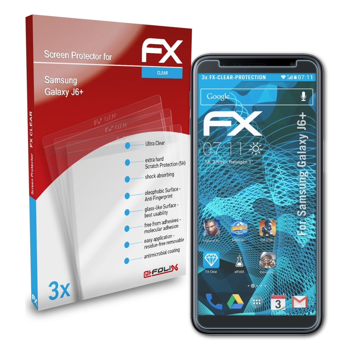 ATFOLIX 3x Displayschutz(für Galaxy FX-Clear J6+) Samsung