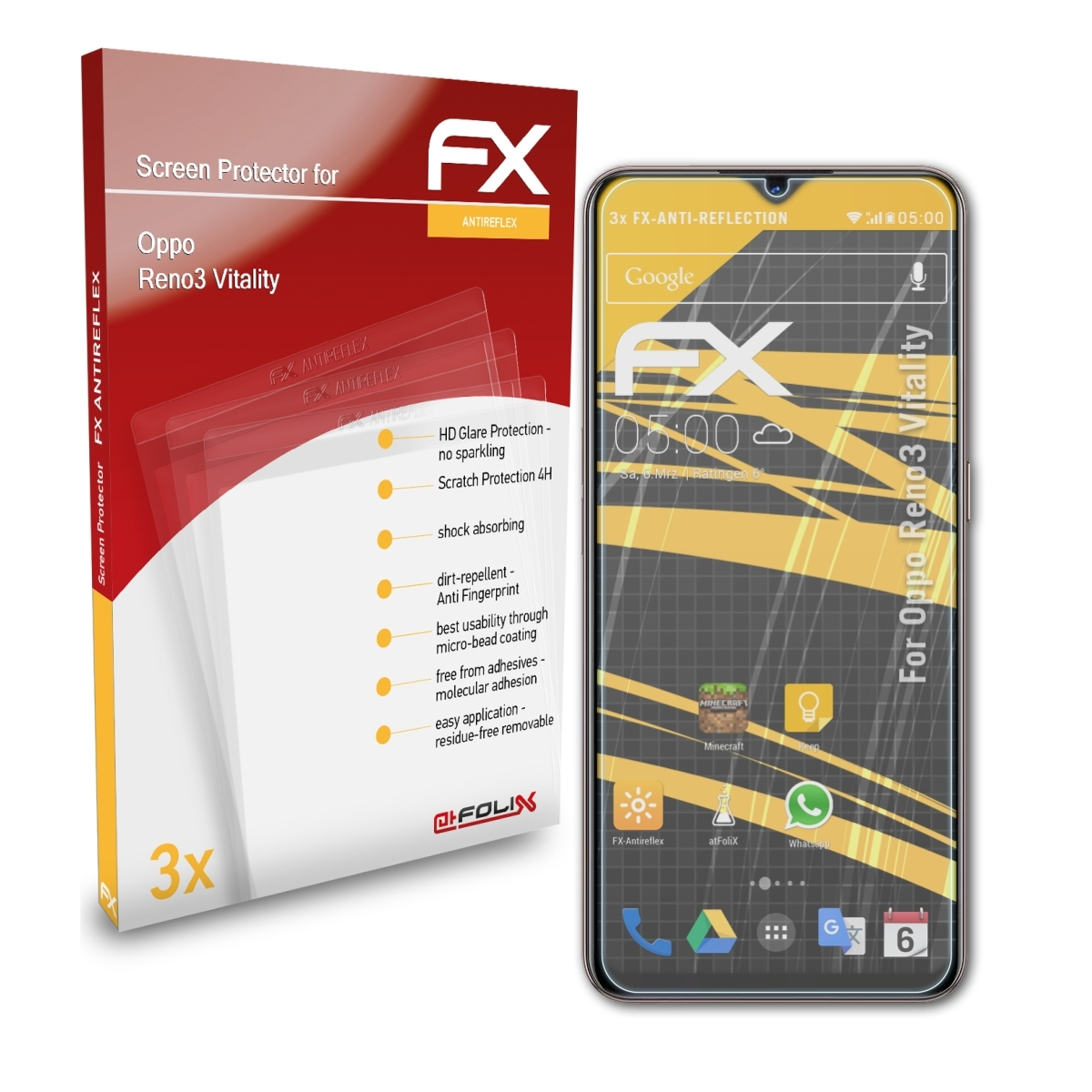 ATFOLIX 3x FX-Antireflex Reno3 Vitality) Displayschutz(für Oppo