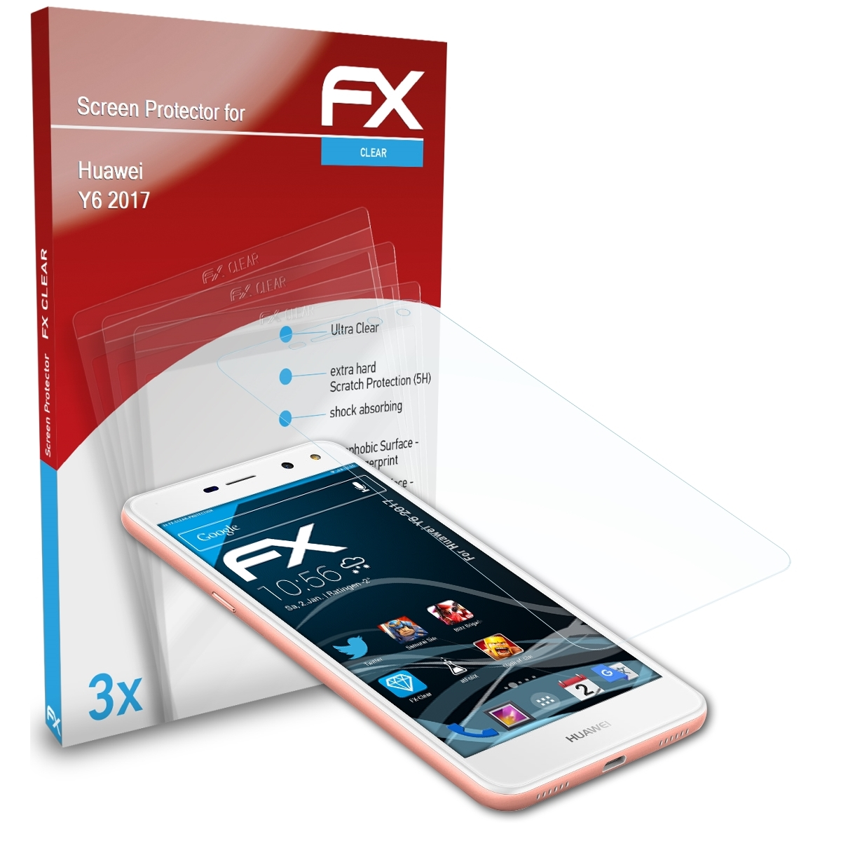 ATFOLIX 3x Displayschutz(für Huawei Y6 2017) FX-Clear