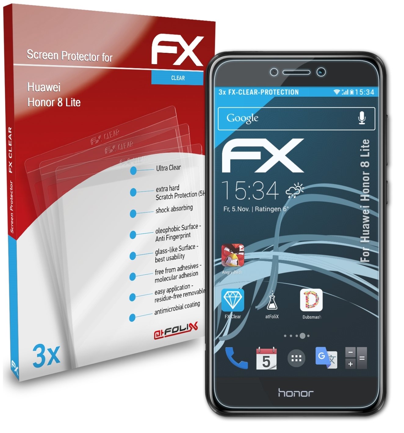 ATFOLIX 3x FX-Clear Displayschutz(für Huawei Honor 8 Lite)