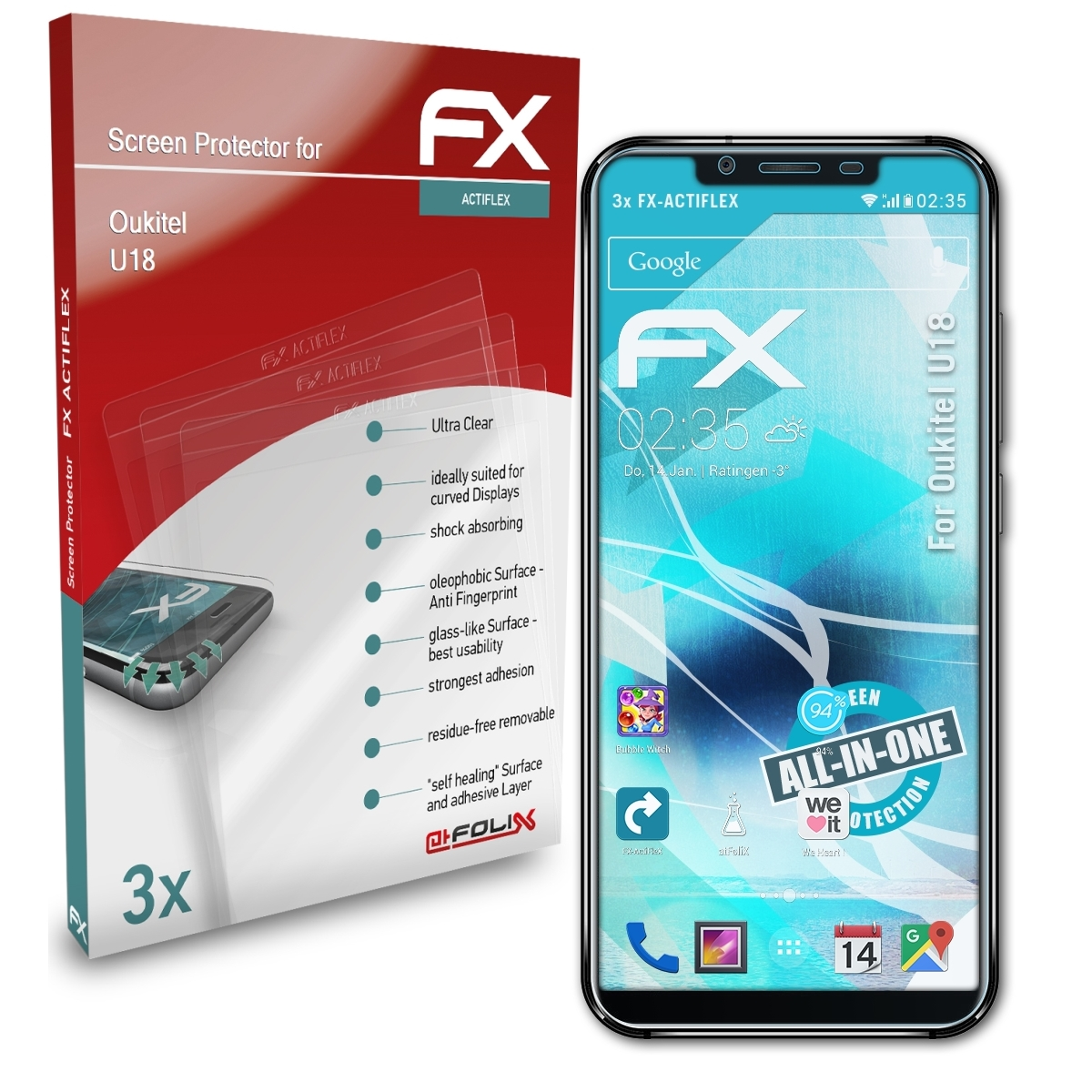3x Oukitel ATFOLIX U18) FX-ActiFleX Displayschutz(für