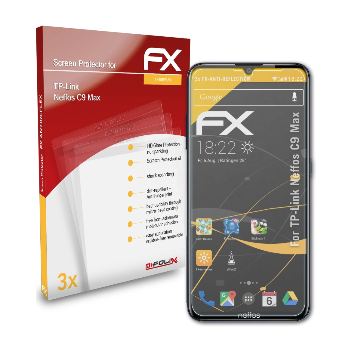 3x TP-Link Neffos Max) ATFOLIX C9 Displayschutz(für FX-Antireflex
