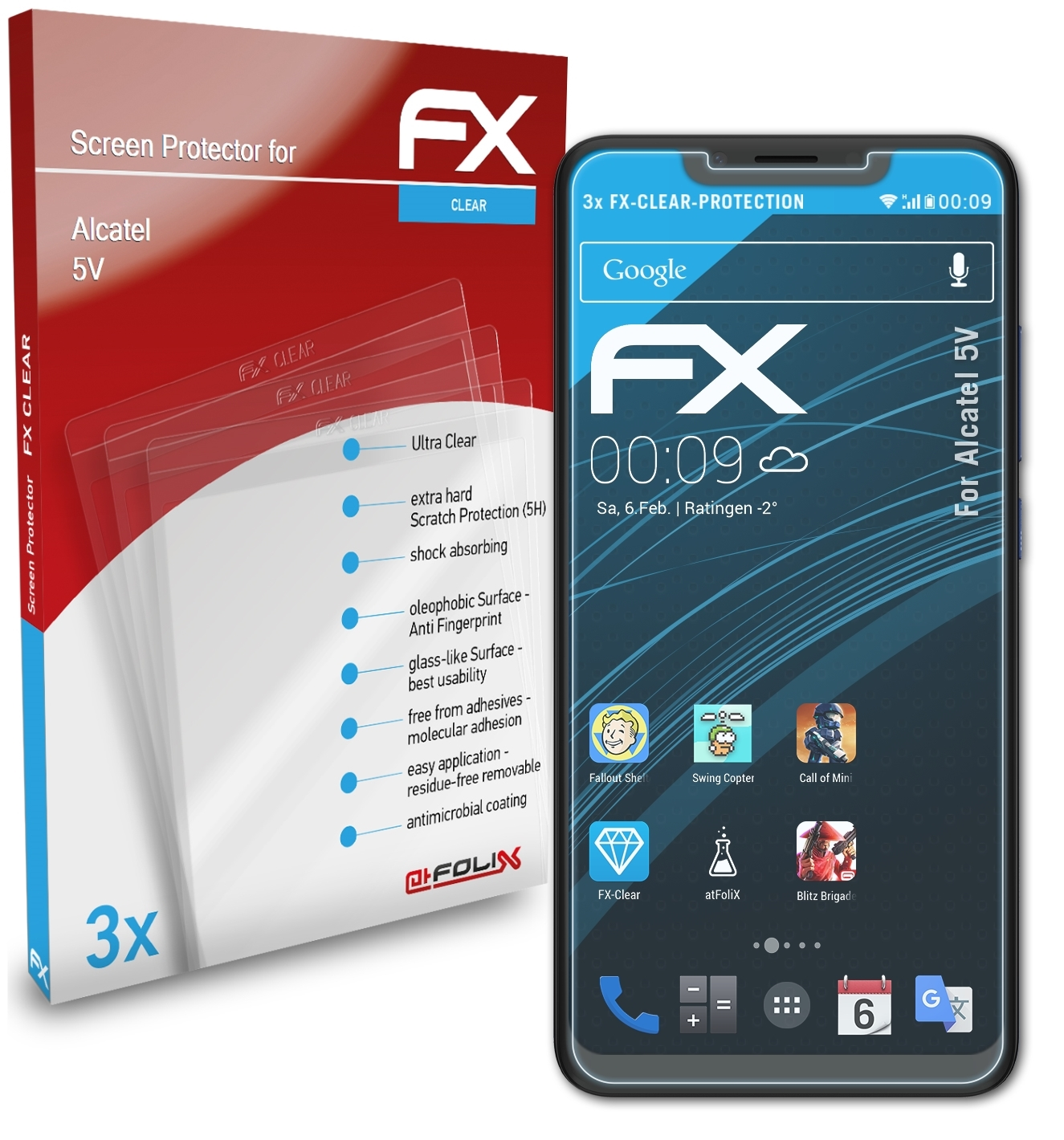 ATFOLIX 3x 5V) Alcatel Displayschutz(für FX-Clear