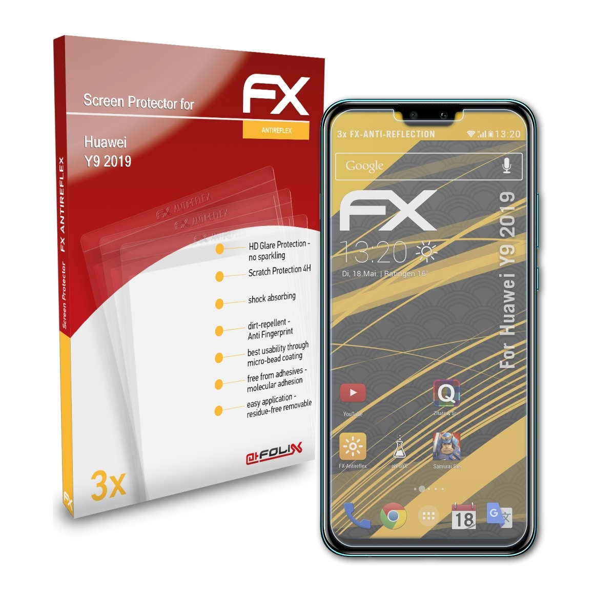 (2019)) Huawei Y9 ATFOLIX 3x Displayschutz(für FX-Antireflex