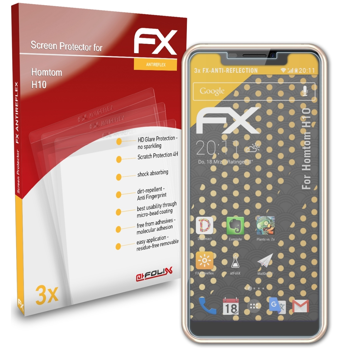 3x H10) Displayschutz(für ATFOLIX Homtom FX-Antireflex