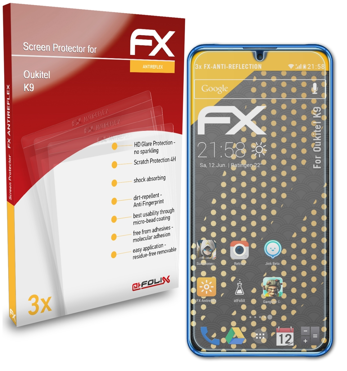 ATFOLIX 3x FX-Antireflex Oukitel Displayschutz(für K9)