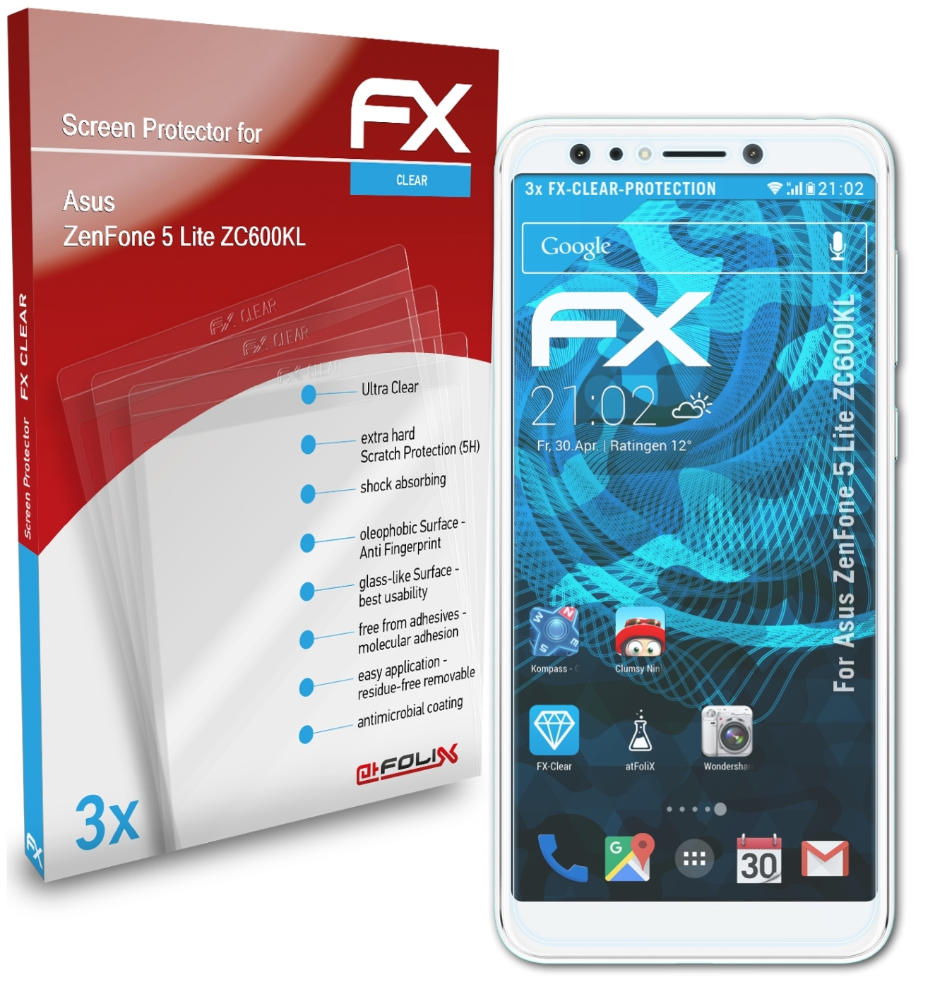ZenFone Asus 3x 5 Displayschutz(für (ZC600KL)) ATFOLIX FX-Clear Lite